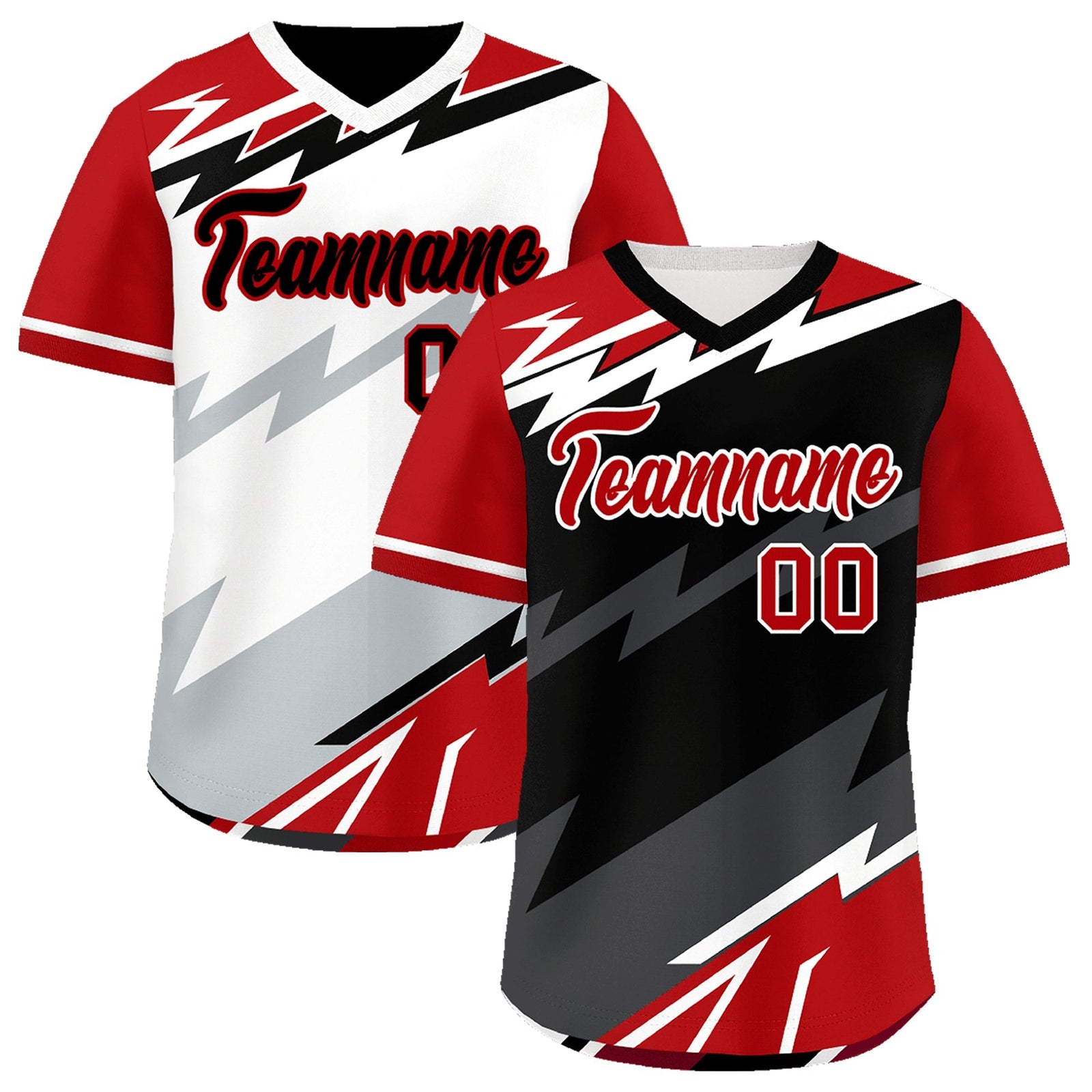 Custom Black White Red Reversible Tops Lightning Pattern Graffiti Pattern Pullover V-Neck Baseball Jersey| KXKSHOP