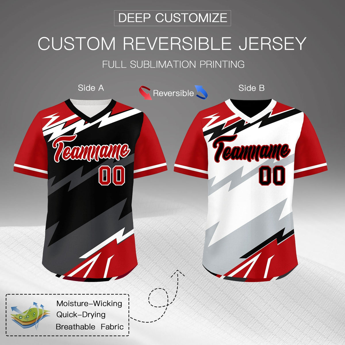 Custom Black White Red Reversible Tops Lightning Pattern Graffiti Pattern Pullover V-Neck Baseball Jersey| KXKSHOP