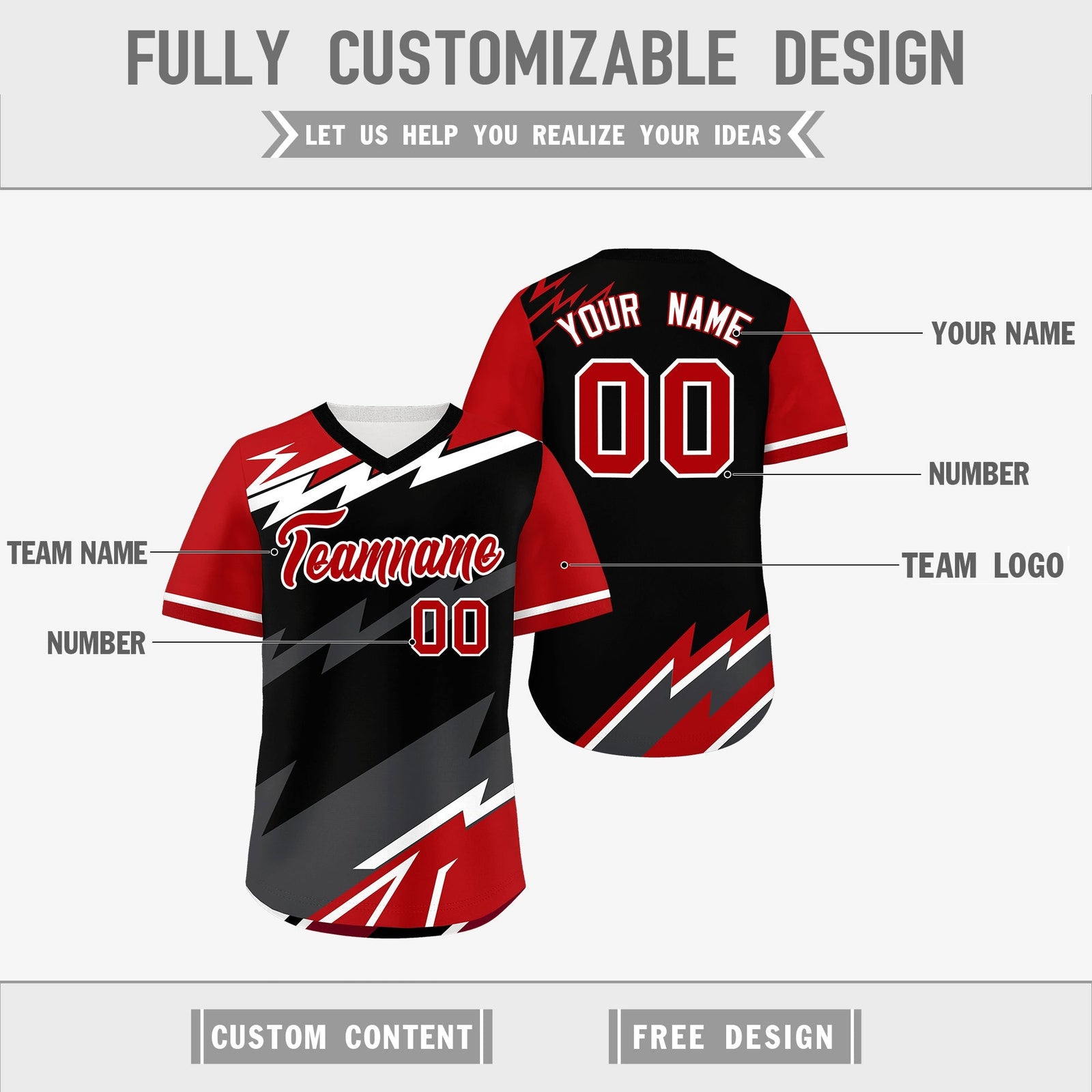 Custom Black White Red Reversible Tops Lightning Pattern Graffiti Pattern Pullover V-Neck Baseball Jersey| KXKSHOP