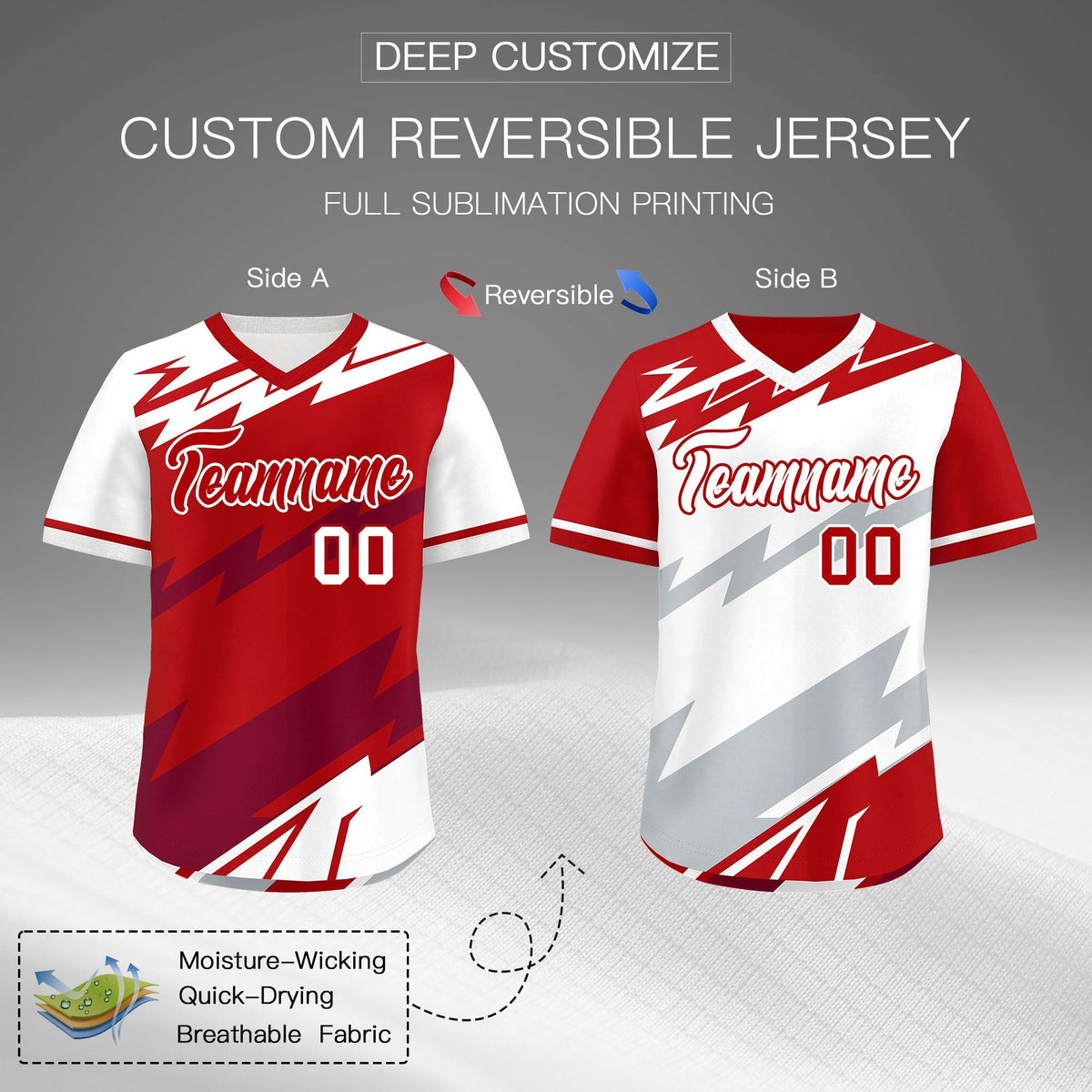 Custom Red White Crimson Reversible Tops Lightning Pattern Graffiti Pattern Pullover V-Neck Baseball Jersey| KXKSHOP