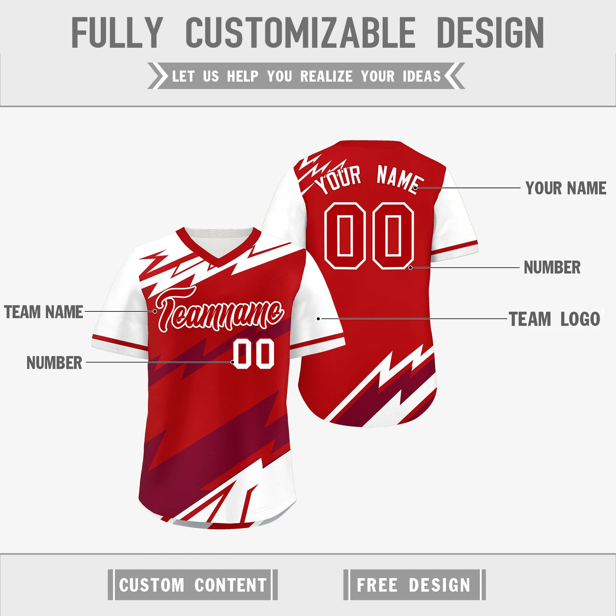 Custom Red White Crimson Reversible Tops Lightning Pattern Graffiti Pattern Pullover V-Neck Baseball Jersey| KXKSHOP