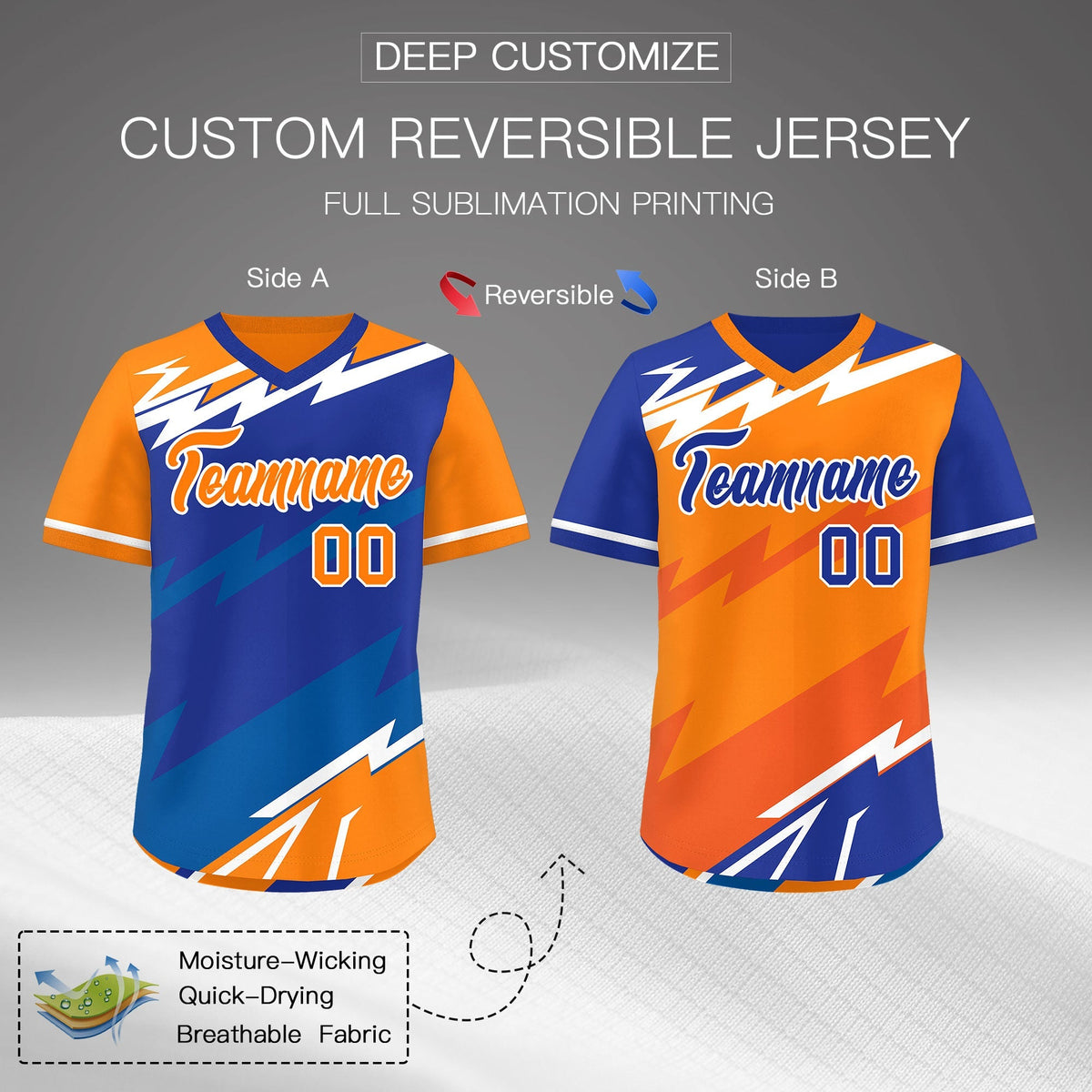 Custom Royal Blue Orange Royal Reversible Tops Lightning Pattern Graffiti Pattern Pullover V-Neck Baseball Jersey| KXKSHOP