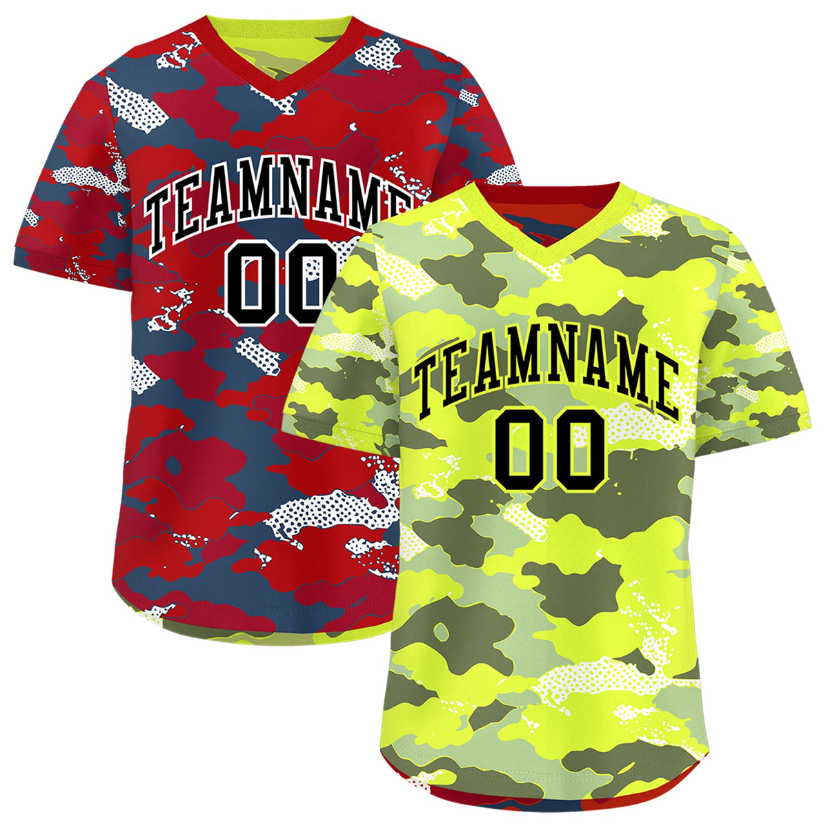 Custom Fluorescent Green Crimson Reversible Camo Stretch Fabric Baseball Jersey| KXKSHOP
