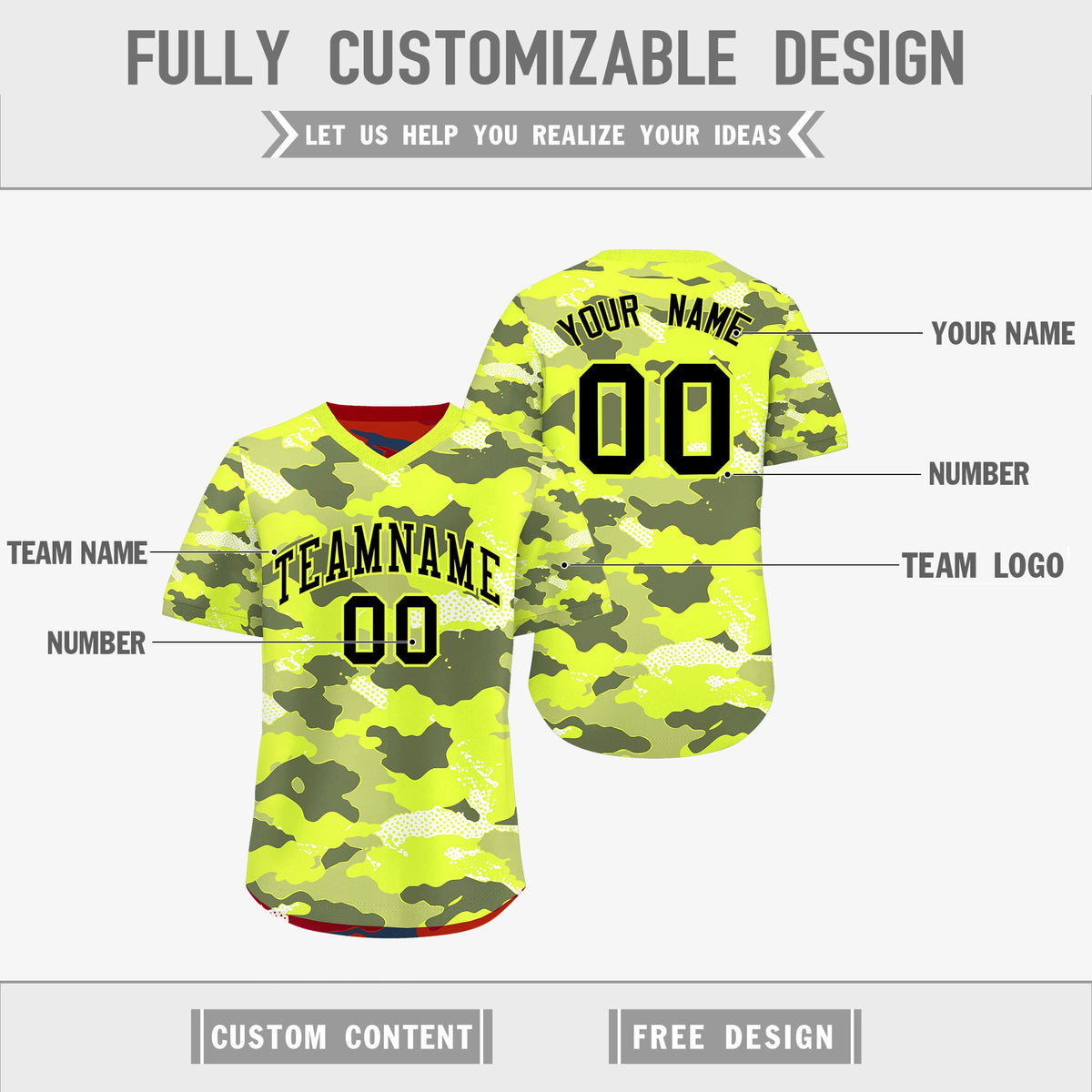 Custom Fluorescent Green Crimson Reversible Camo Stretch Fabric Baseball Jersey| KXKSHOP