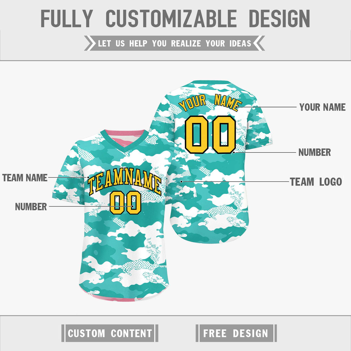 Custom Teal Aqua Light Pink Reversible Camo Stretch Fabric Baseball Jersey| KXKSHOP