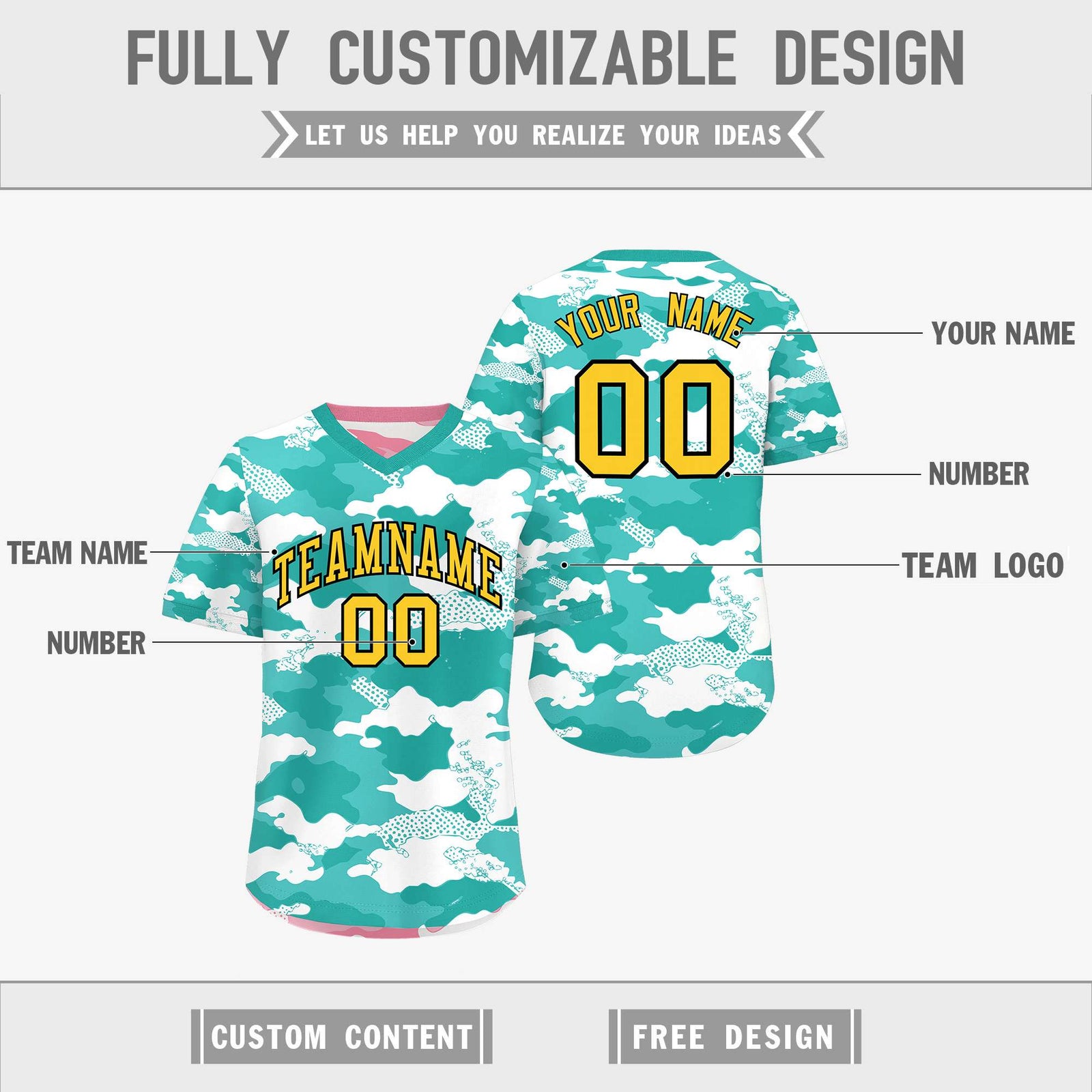 Custom Teal Aqua Light Pink Reversible Camo Stretch Fabric Baseball Jersey| KXKSHOP