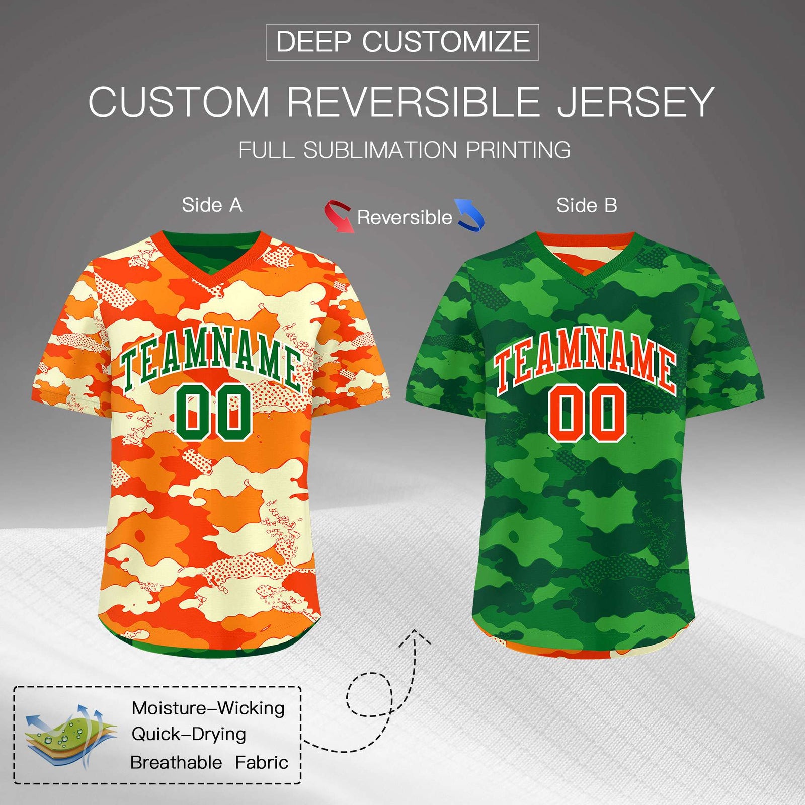 Custom Orange Dark Green Kelly Green Reversible Camo Stretch Fabric Baseball Jersey| KXKSHOP