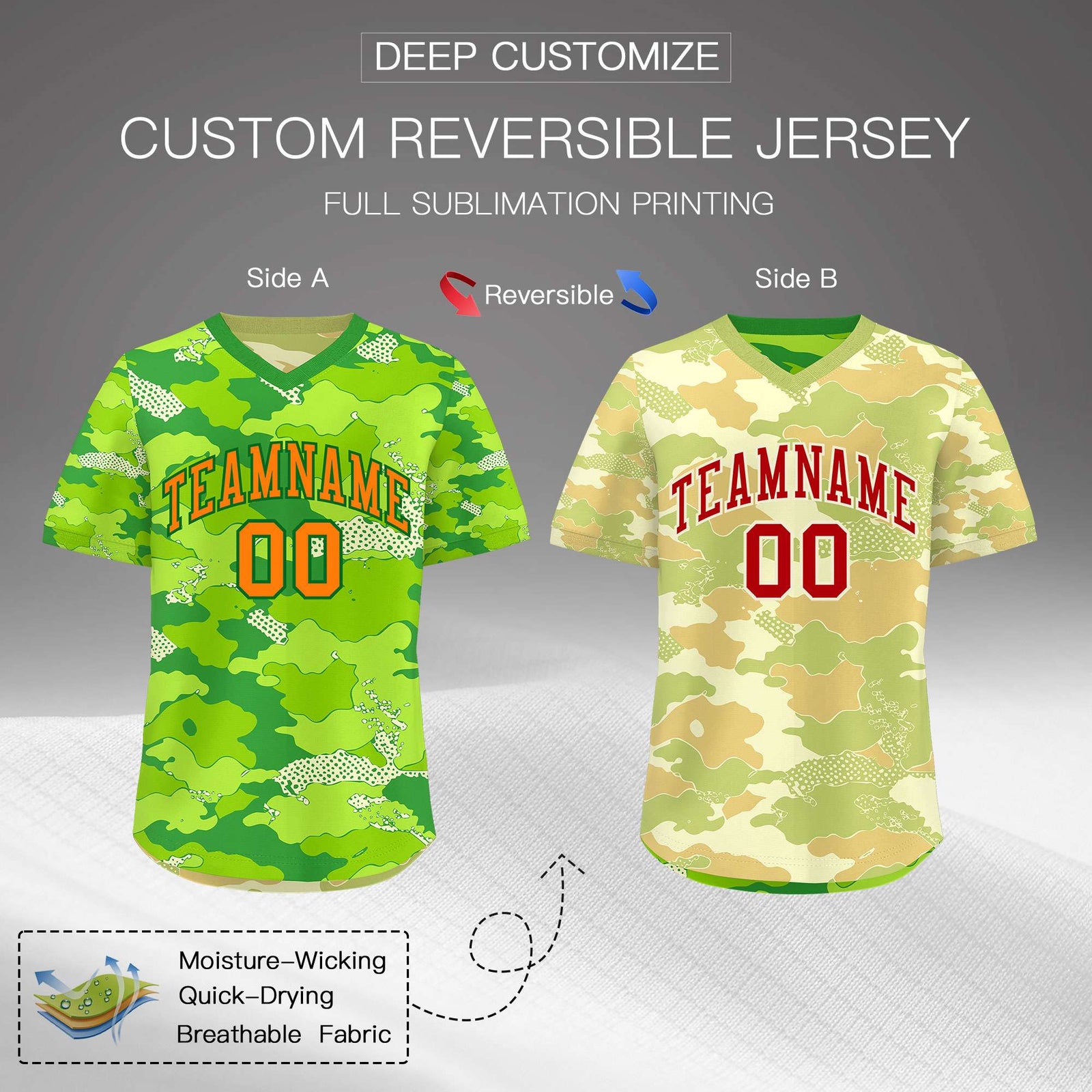 Custom Neon Green Cream Khaki Reversible Camo Breathable Baseball Jersey| KXKSHOP