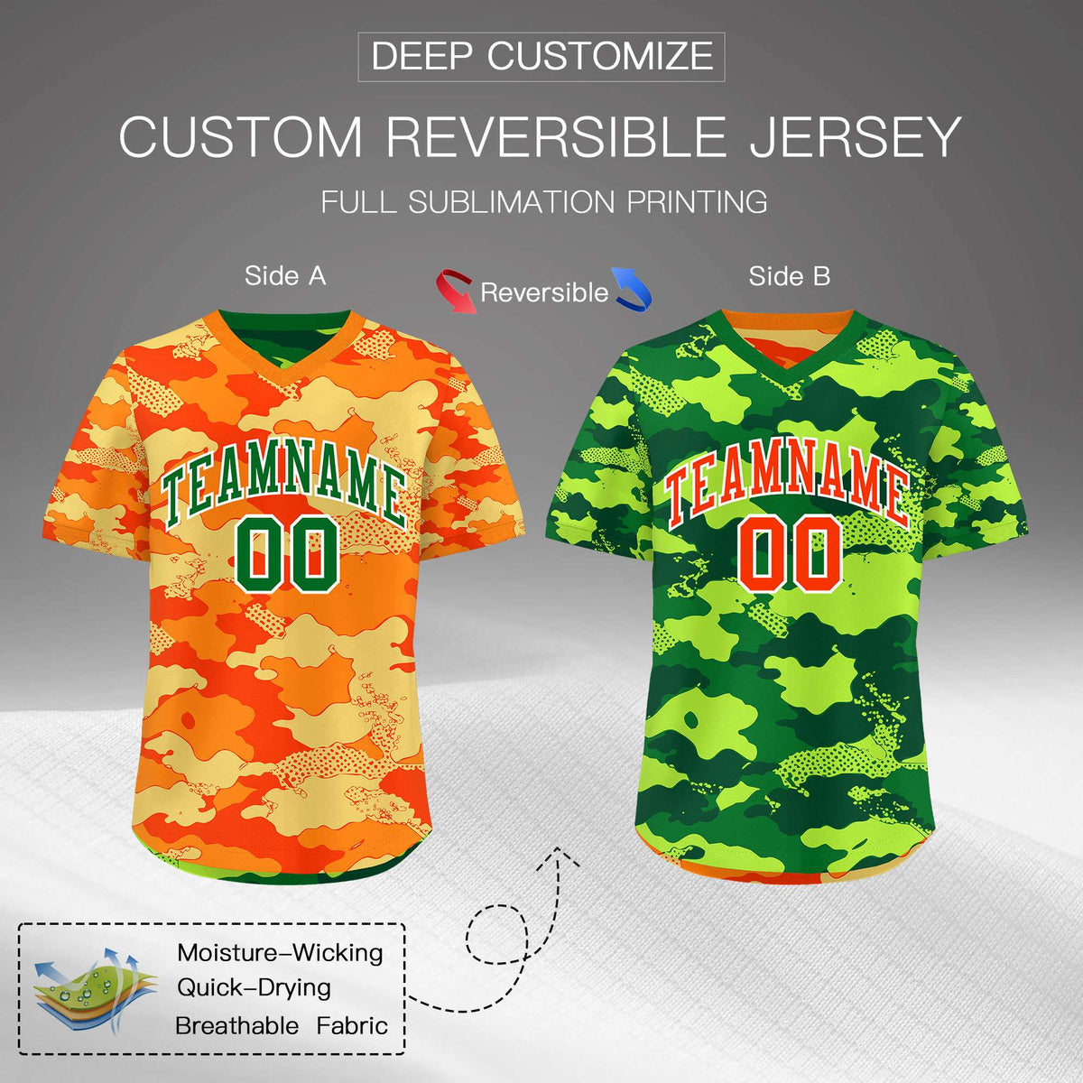 Custom Orange Dark Green Kelly Green Reversible Camo Breathable Baseball Jersey| KXKSHOP