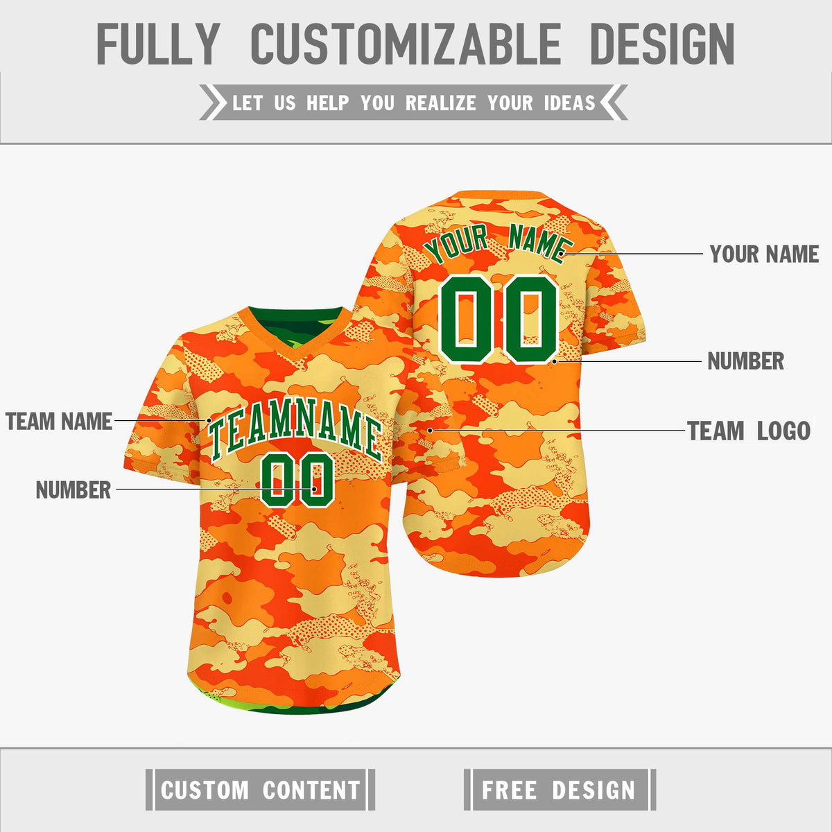 Custom Orange Dark Green Kelly Green Reversible Camo Breathable Baseball Jersey| KXKSHOP