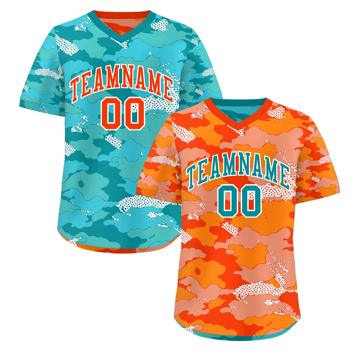 Custom Orange Light Orange Teal Reversible Camo Stretch Fabric Baseball Jersey| KXKSHOP
