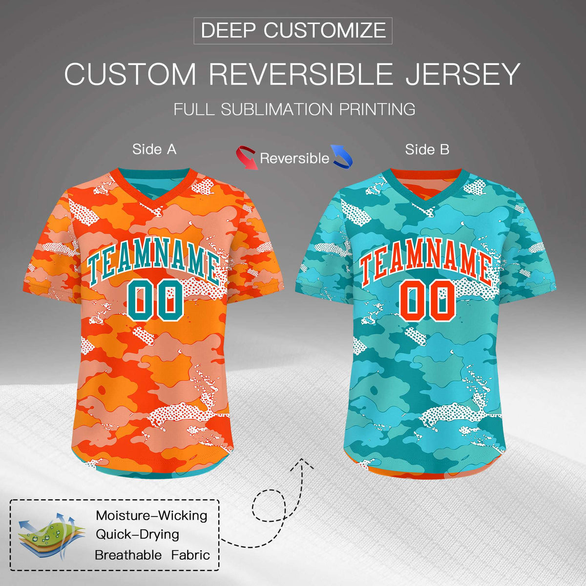 Custom Orange Light Orange Teal Reversible Camo Stretch Fabric Baseball Jersey| KXKSHOP