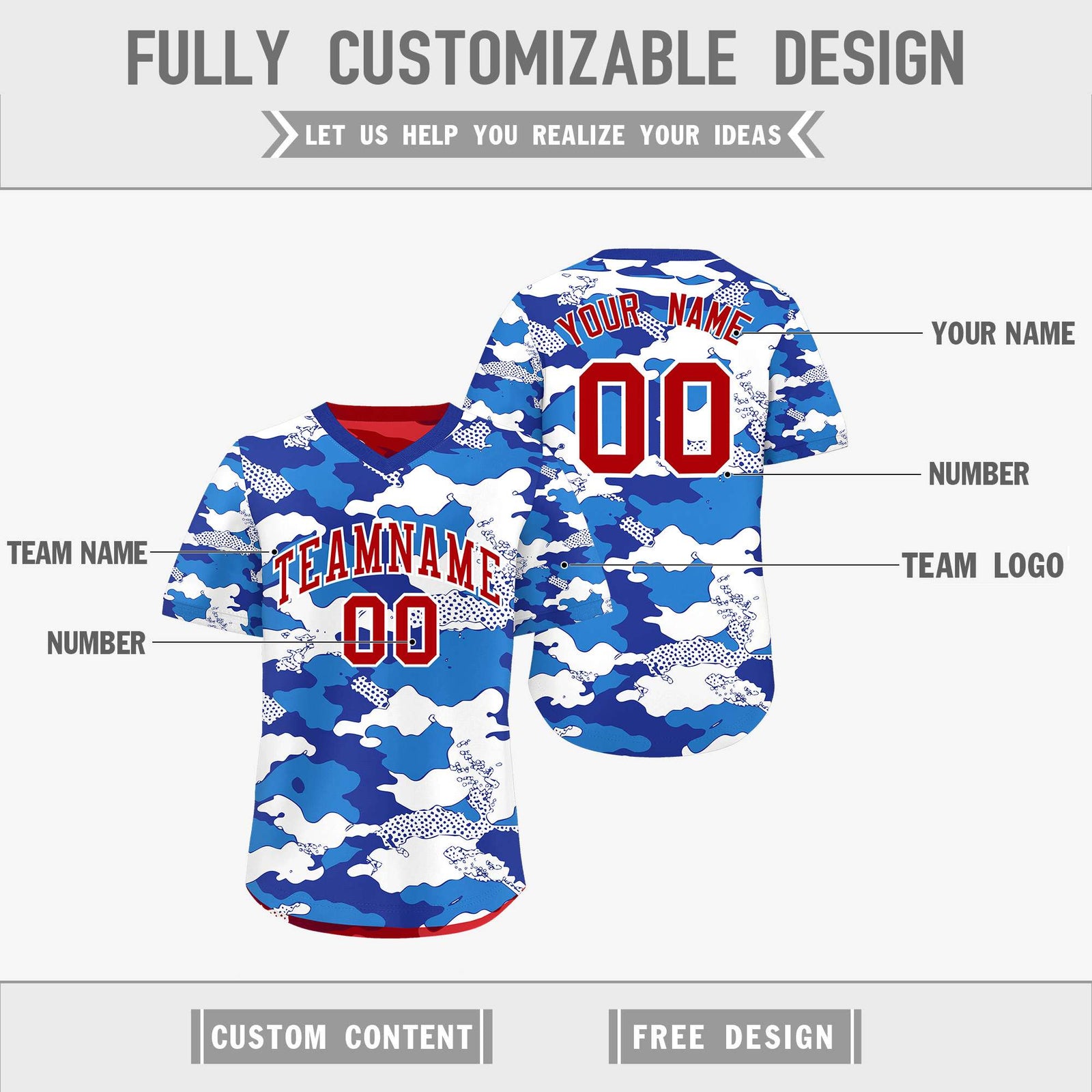 Custom Royal Royal Blue Red Reversible Camo Breathable Baseball Jersey| KXKSHOP