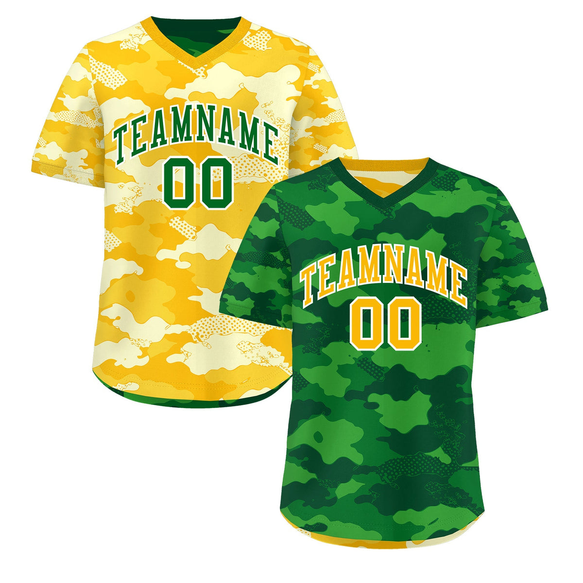 Custom Kelly Green Light Green Yellow Reversible Camo Stretch Fabric Baseball Jersey| KXKSHOP