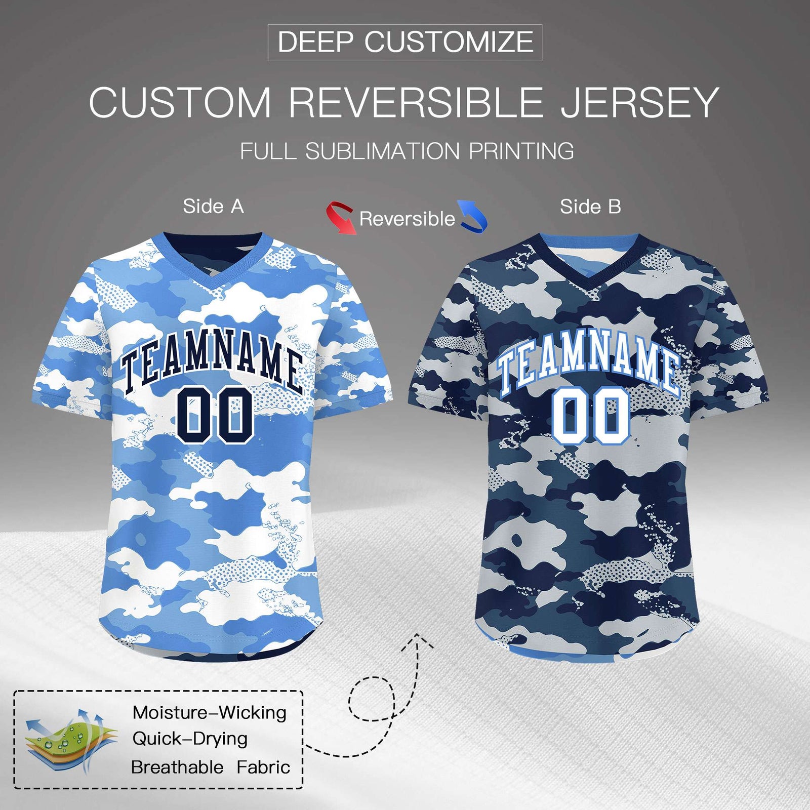 Custom Powder Blue Midnight Blue Silver Reversible Camo Breathable Baseball Jersey| KXKSHOP