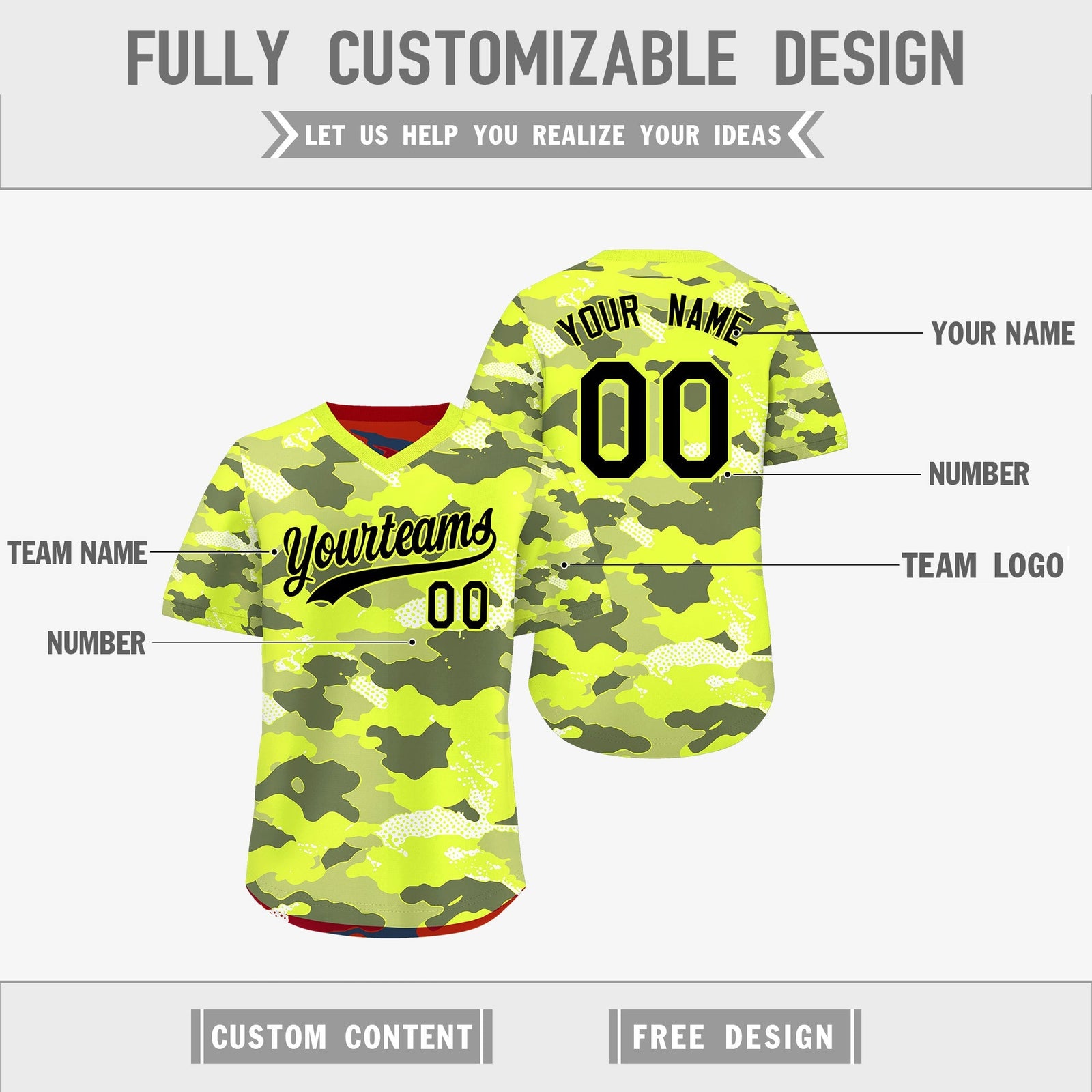 Custom Fluorescent Green Crimson Reversible Camo Stretch Fabric Baseball Jersey| KXKSHOP