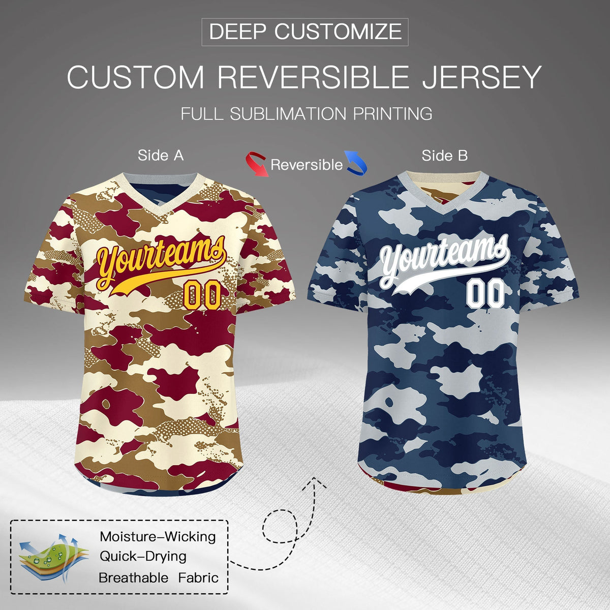 Custom Camel Cream Navy Reversible Camo Breathable Baseball Jersey| KXKSHOP