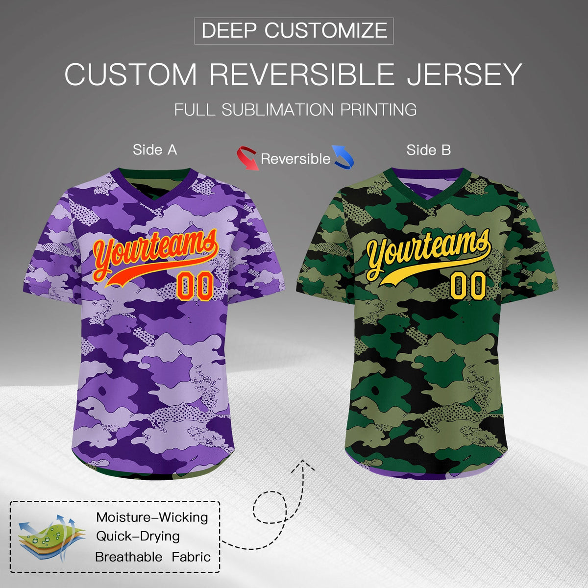 Custom Light Purple Dark Green Reversible Camo Lightweight Baseball Jersey| KXKSHOP