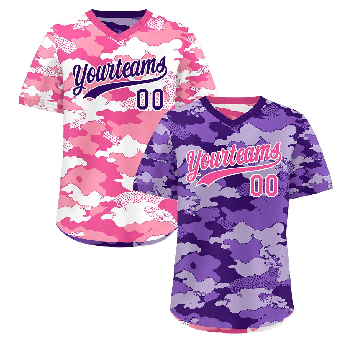 Custom Purple Pink White Reversible Camo Stretch Fabric Baseball Jersey| KXKSHOP
