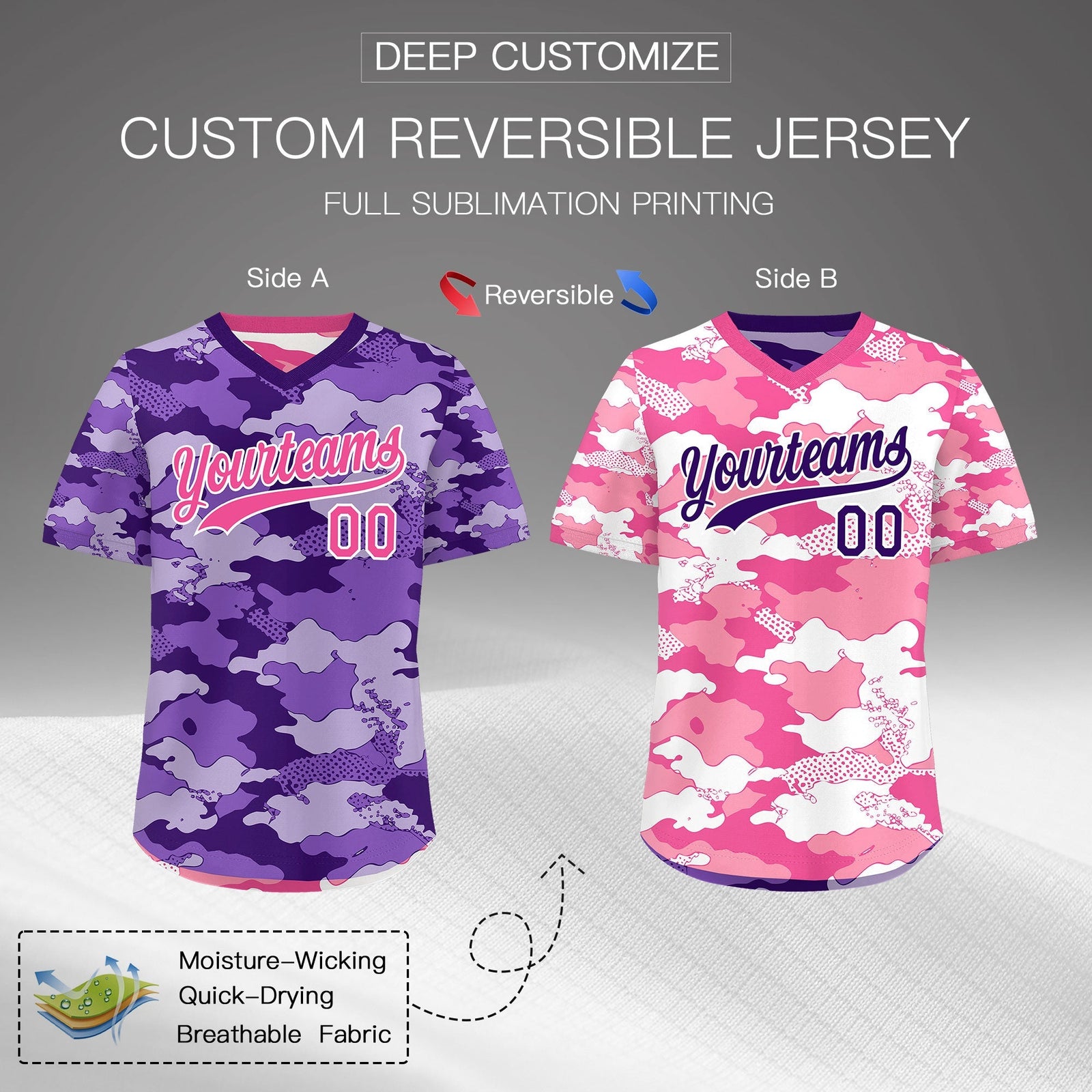 Custom Purple Pink White Reversible Camo Stretch Fabric Baseball Jersey| KXKSHOP