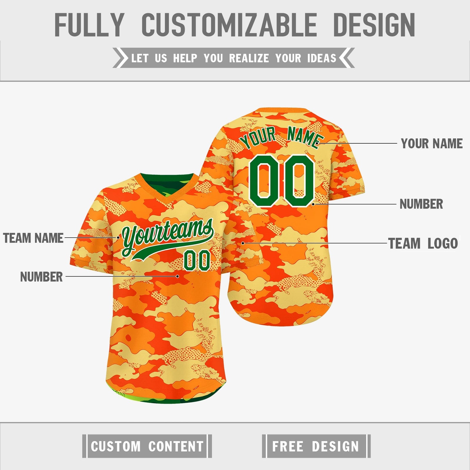 Custom Orange Dark Green Kelly Green Reversible Camo Breathable Baseball Jersey| KXKSHOP