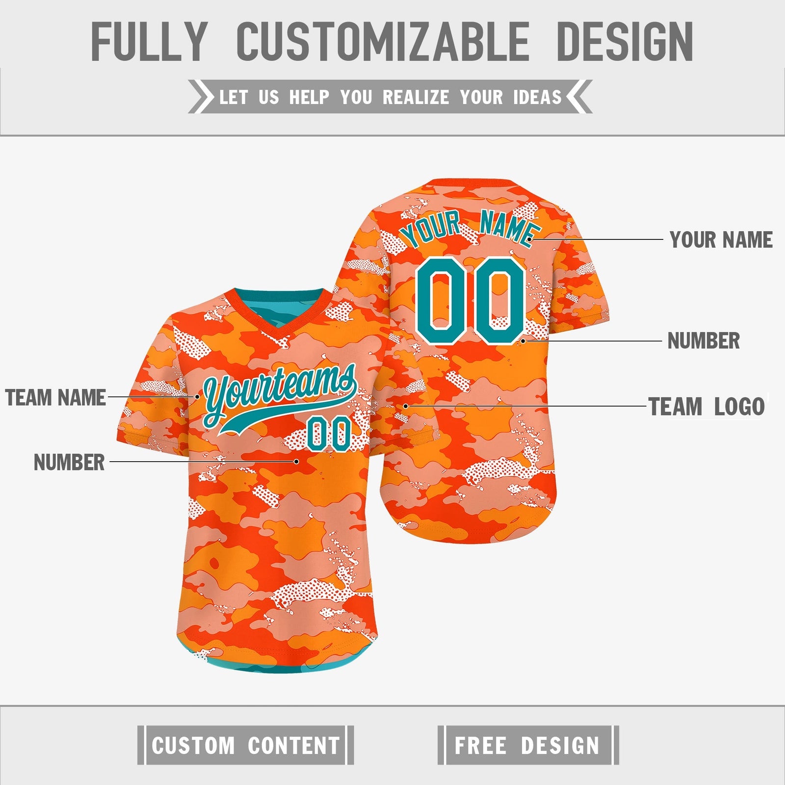 Custom Orange Light Orange Teal Reversible Camo Stretch Fabric Baseball Jersey| KXKSHOP