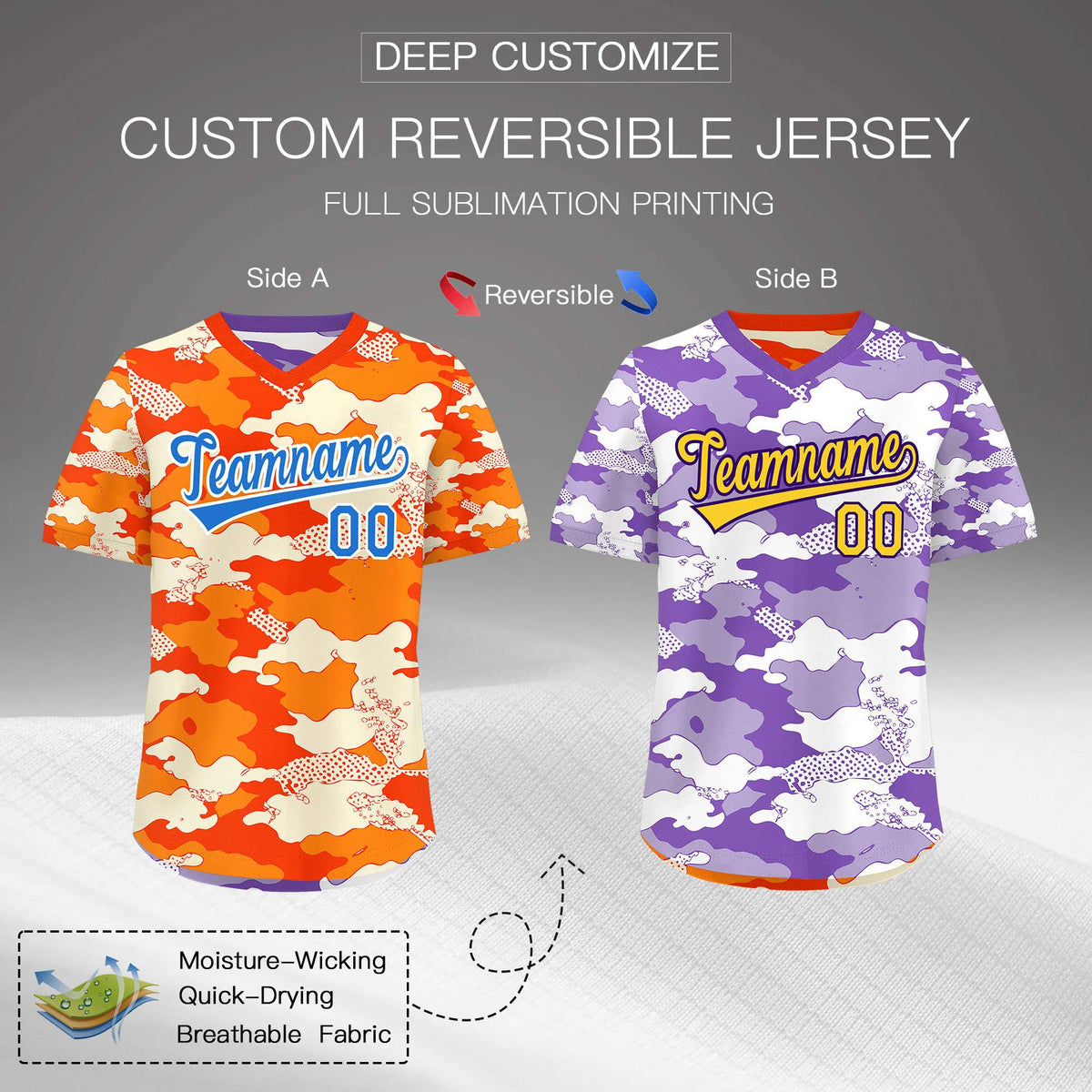 Custom Orange Purple Reversible Camo Breathable Baseball Jersey| KXKSHOP