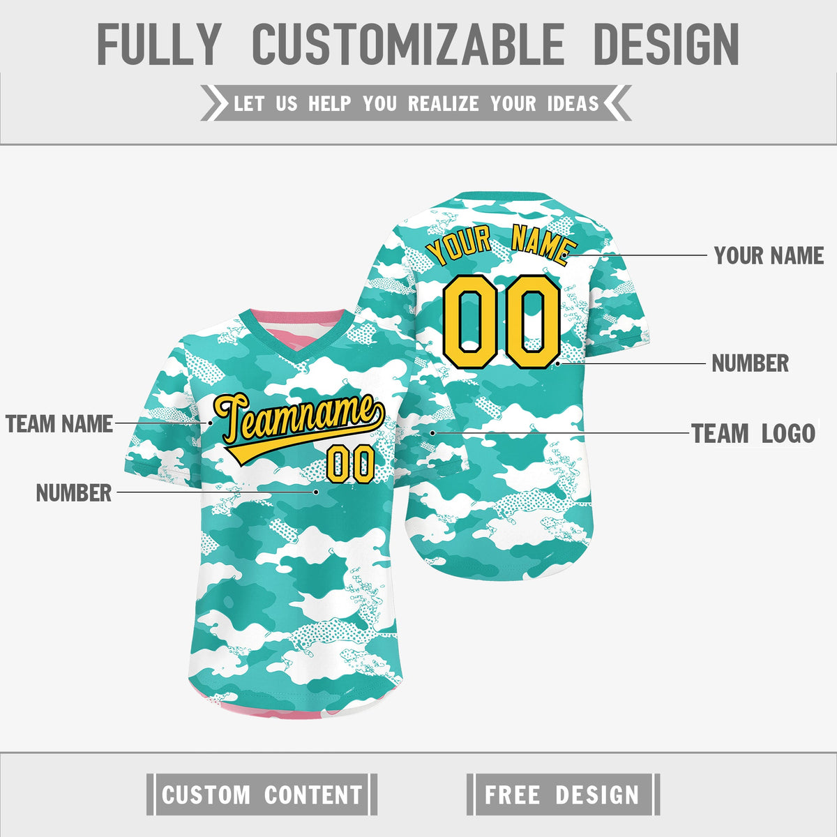 Custom Teal Aqua Light Pink Reversible Camo Stretch Fabric Baseball Jersey| KXKSHOP
