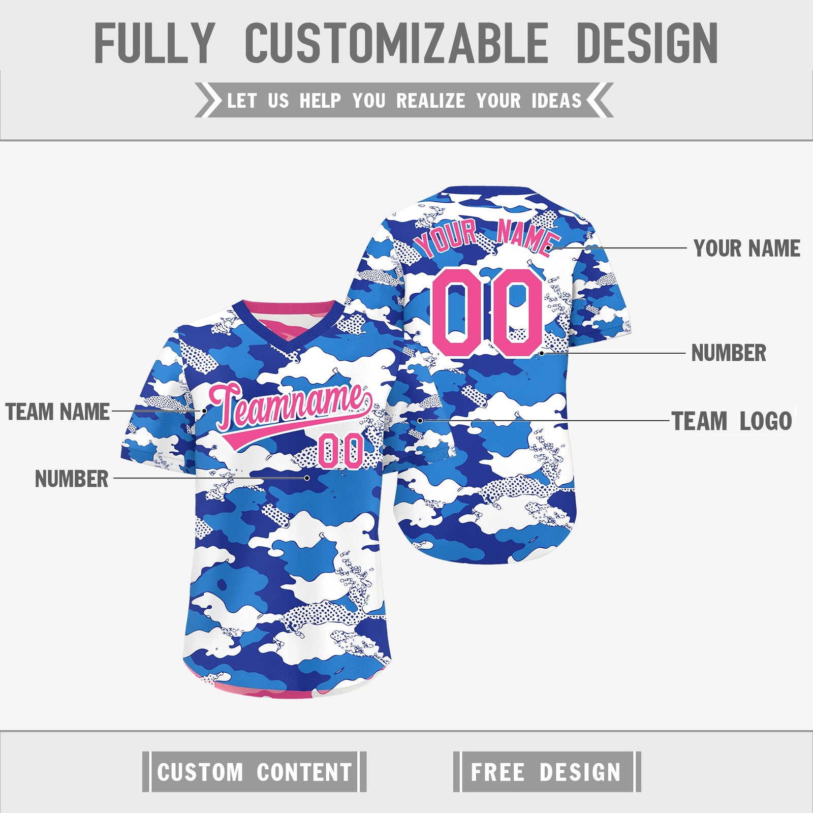 Custom Royal Blue Pink White Reversible Camo Breathable Baseball Jersey| KXKSHOP