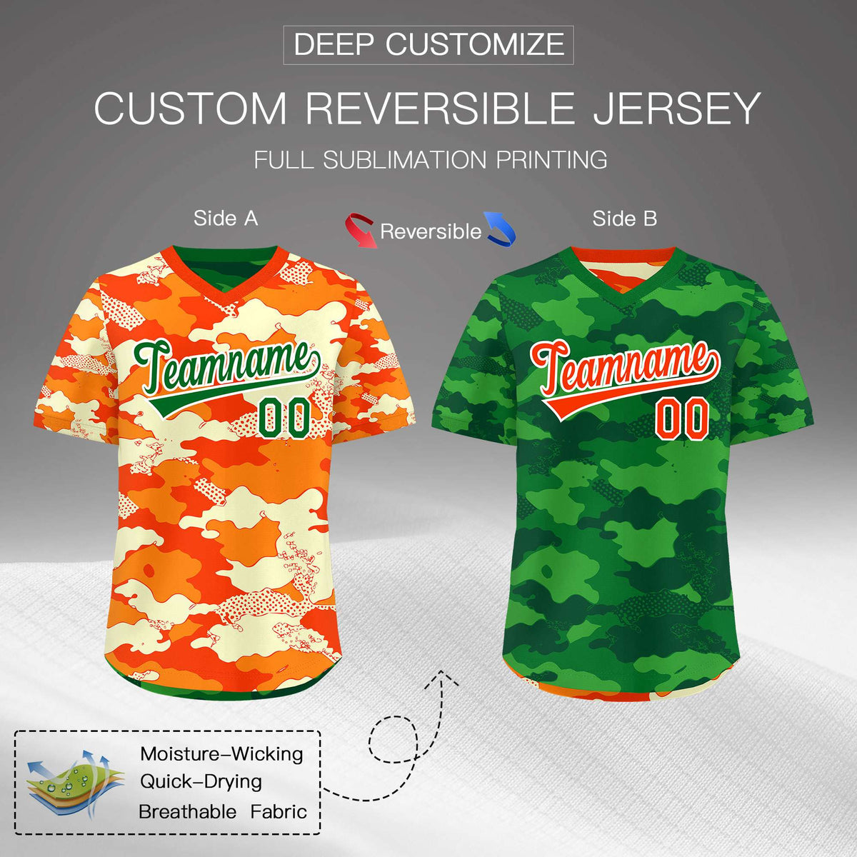 Custom Orange Dark Green Kelly Green Reversible Camo Stretch Fabric Baseball Jersey| KXKSHOP