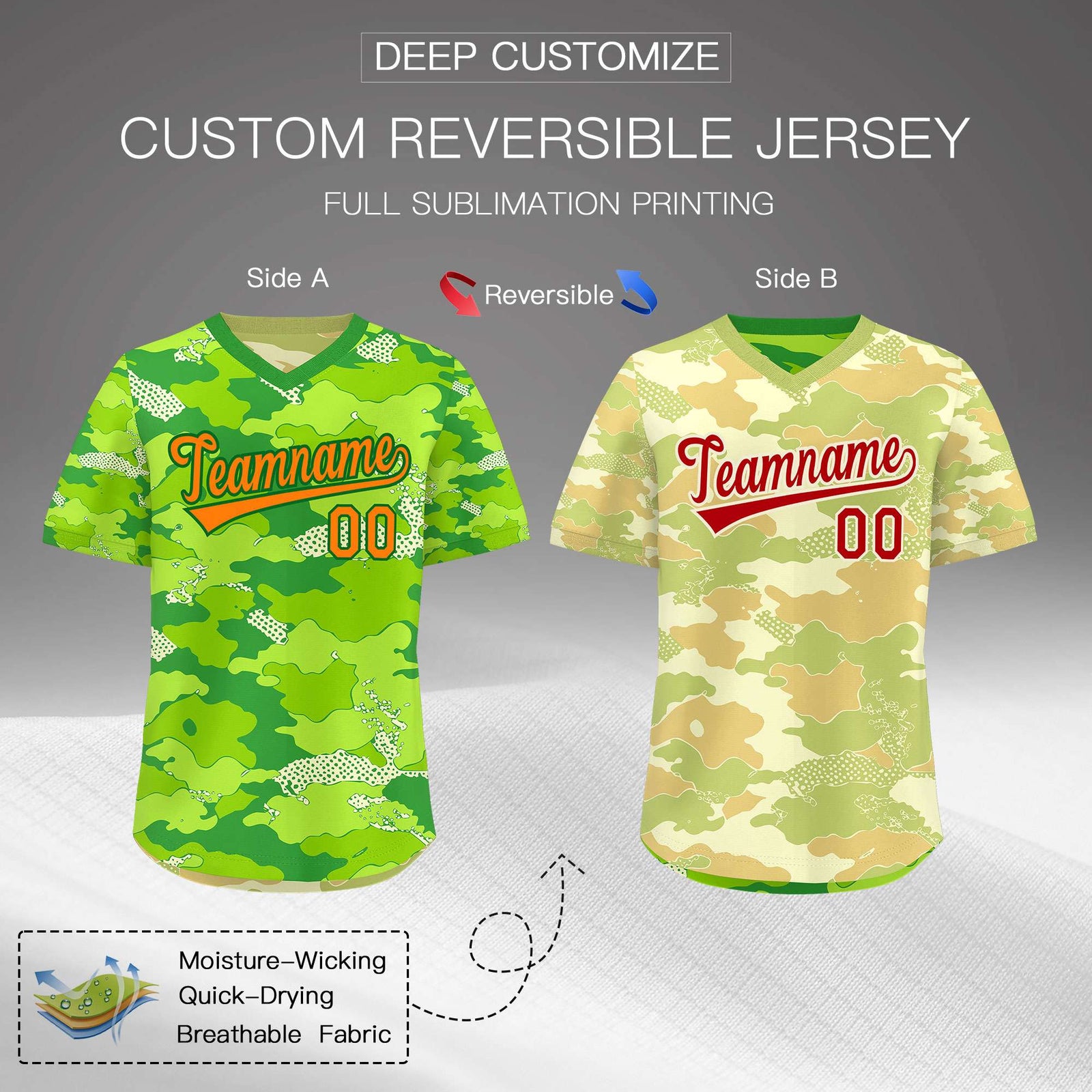 Custom Neon Green Cream Khaki Reversible Camo Breathable Baseball Jersey| KXKSHOP