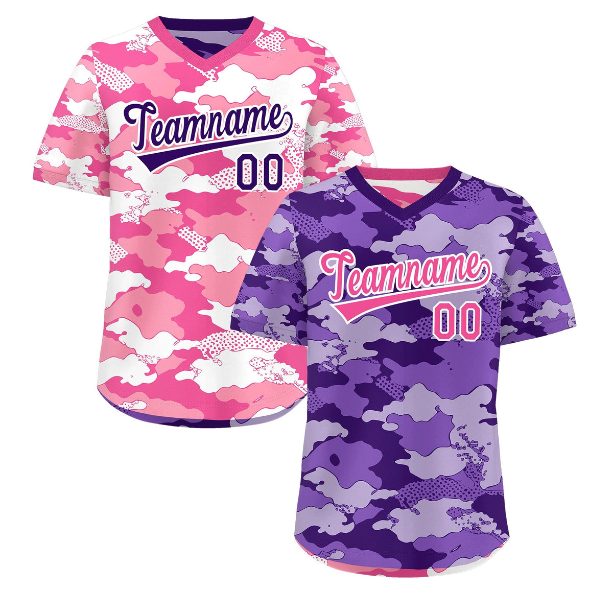 Custom Purple Pink White Reversible Camo Stretch Fabric Baseball Jersey| KXKSHOP