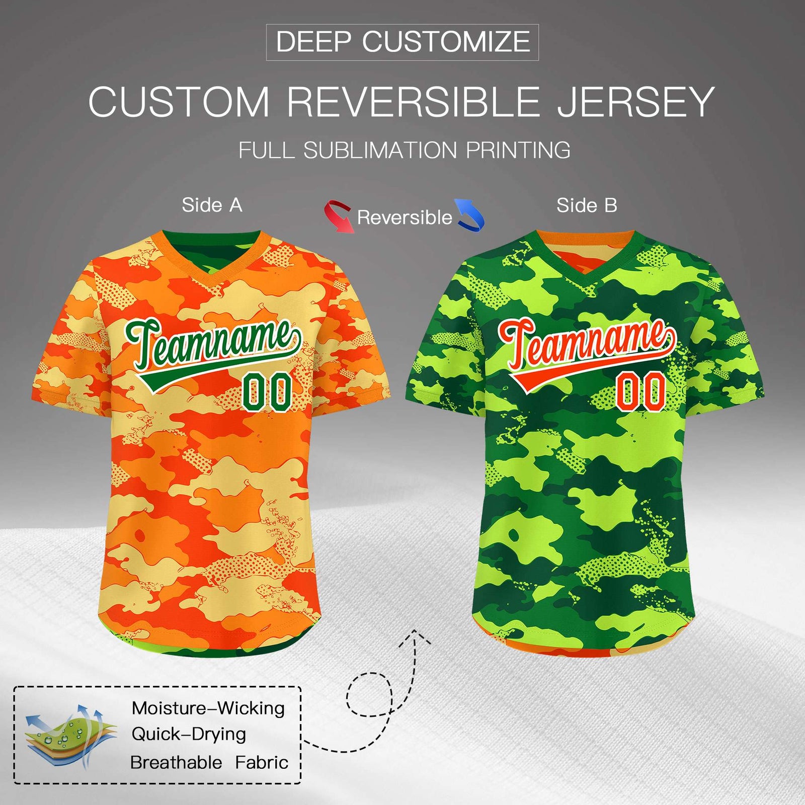 Custom Orange Dark Green Kelly Green Reversible Camo Breathable Baseball Jersey| KXKSHOP