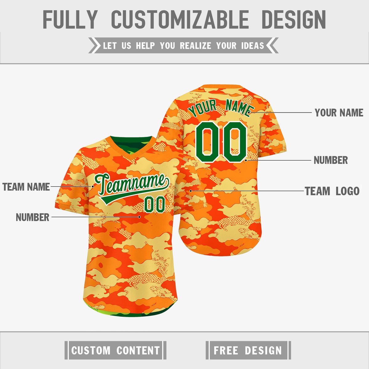 Custom Orange Dark Green Kelly Green Reversible Camo Breathable Baseball Jersey| KXKSHOP
