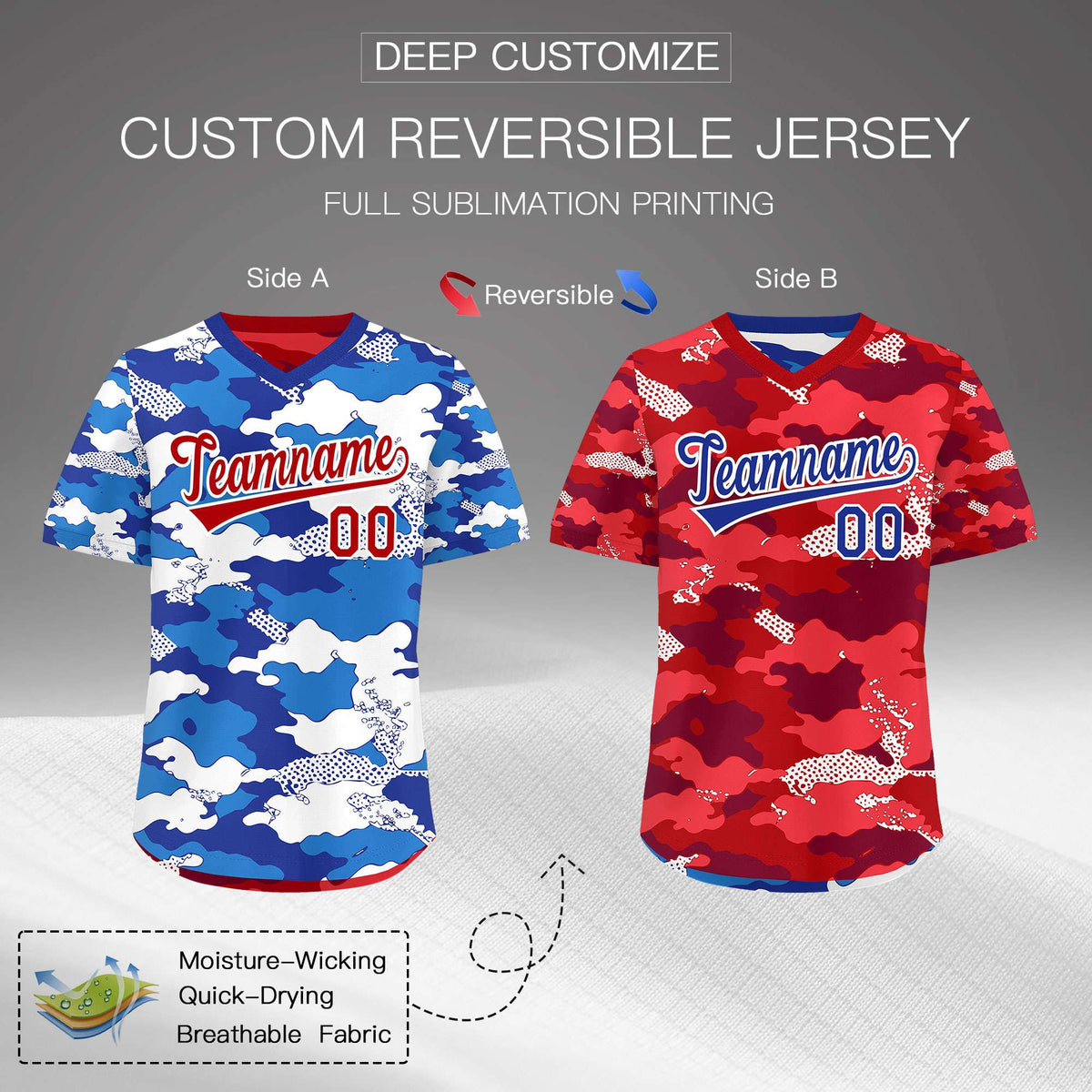 Custom Royal Royal Blue Red Reversible Camo Breathable Baseball Jersey| KXKSHOP