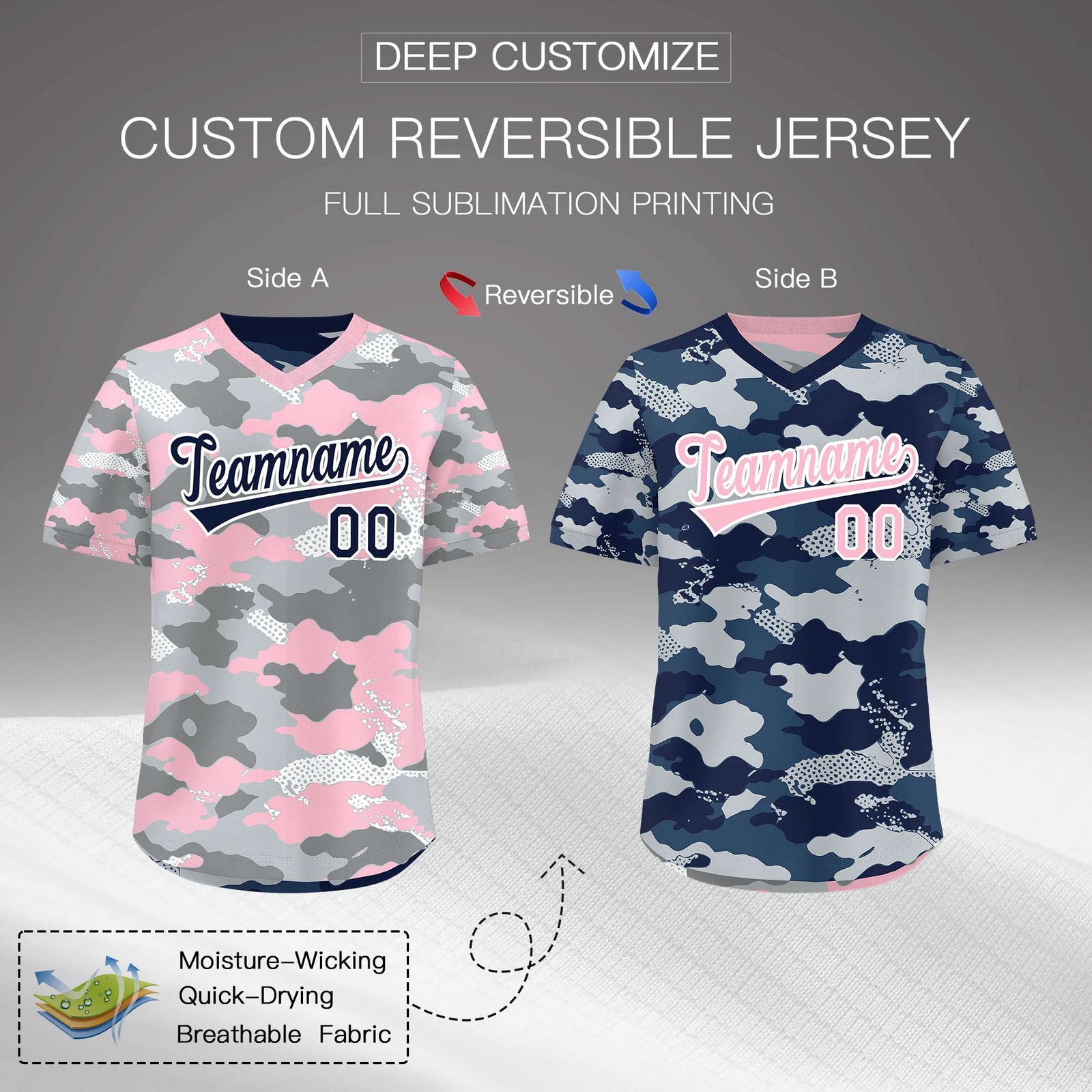 Custom Silver Gray Light Pink Reversible Camo Lightweight Baseball Jersey| KXKSHOP