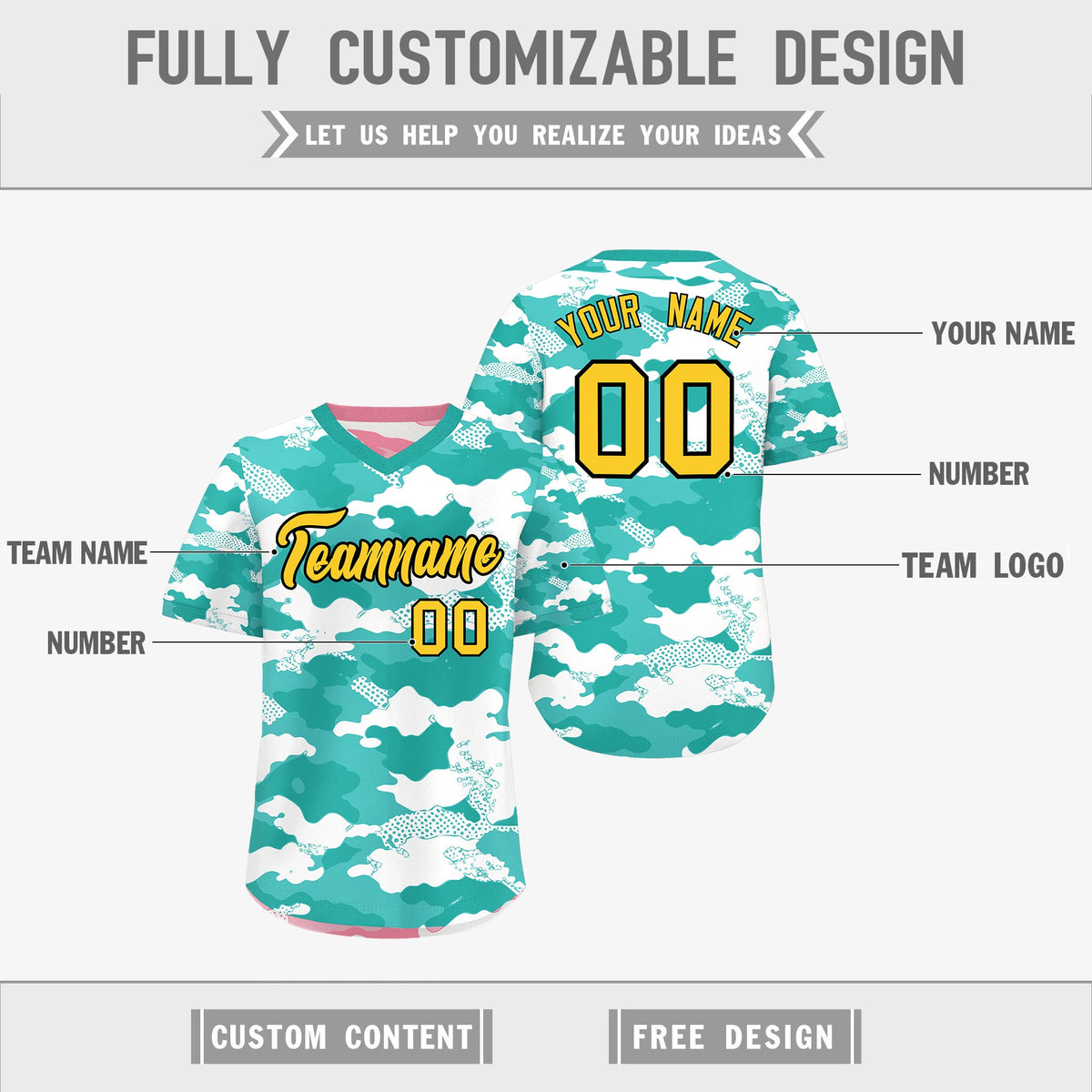 Custom Teal Aqua Light Pink Reversible Camo Stretch Fabric Baseball Jersey| KXKSHOP