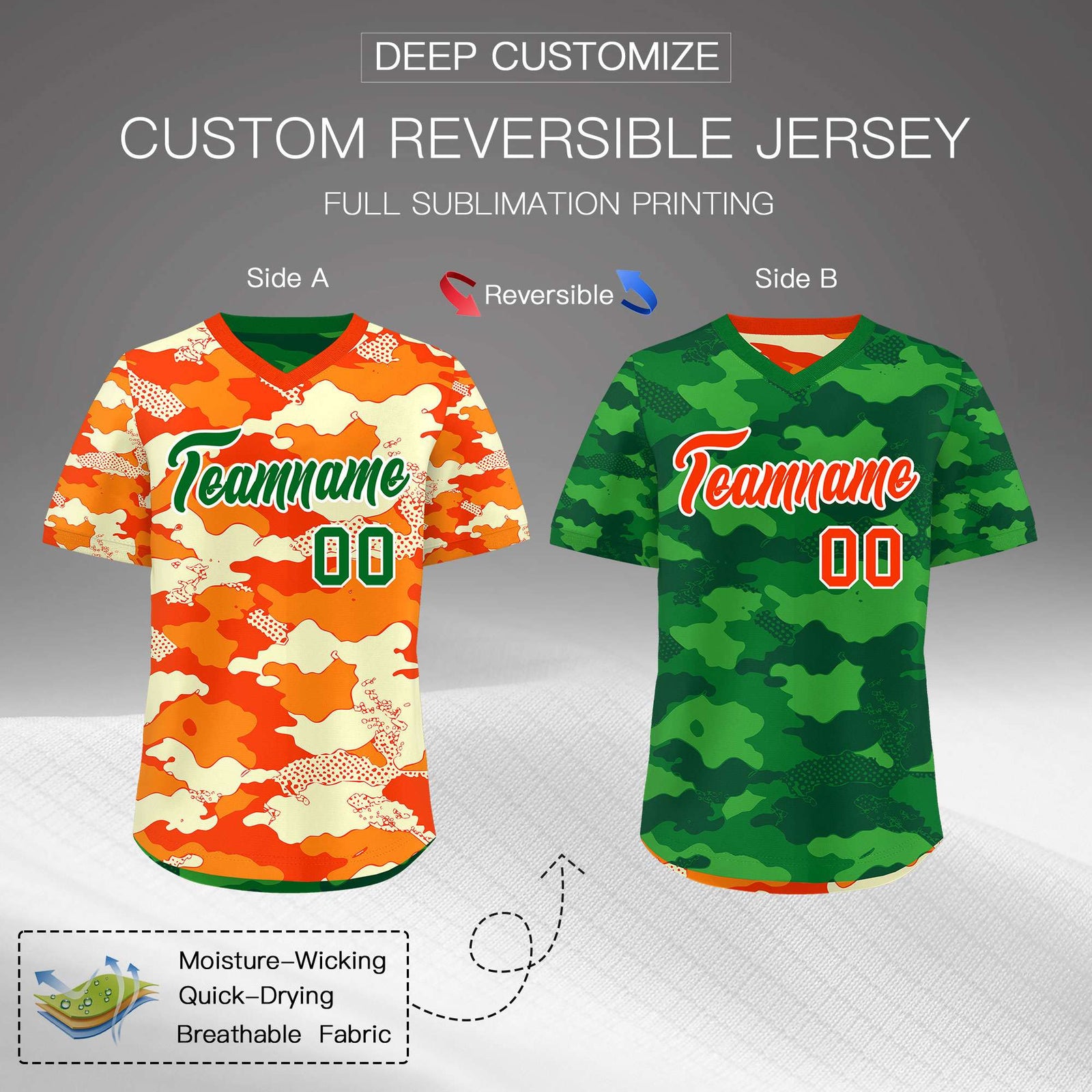 Custom Orange Dark Green Kelly Green Reversible Camo Stretch Fabric Baseball Jersey| KXKSHOP
