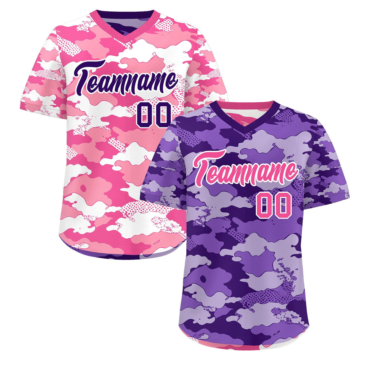 Custom Purple Pink White Reversible Camo Stretch Fabric Baseball Jersey| KXKSHOP