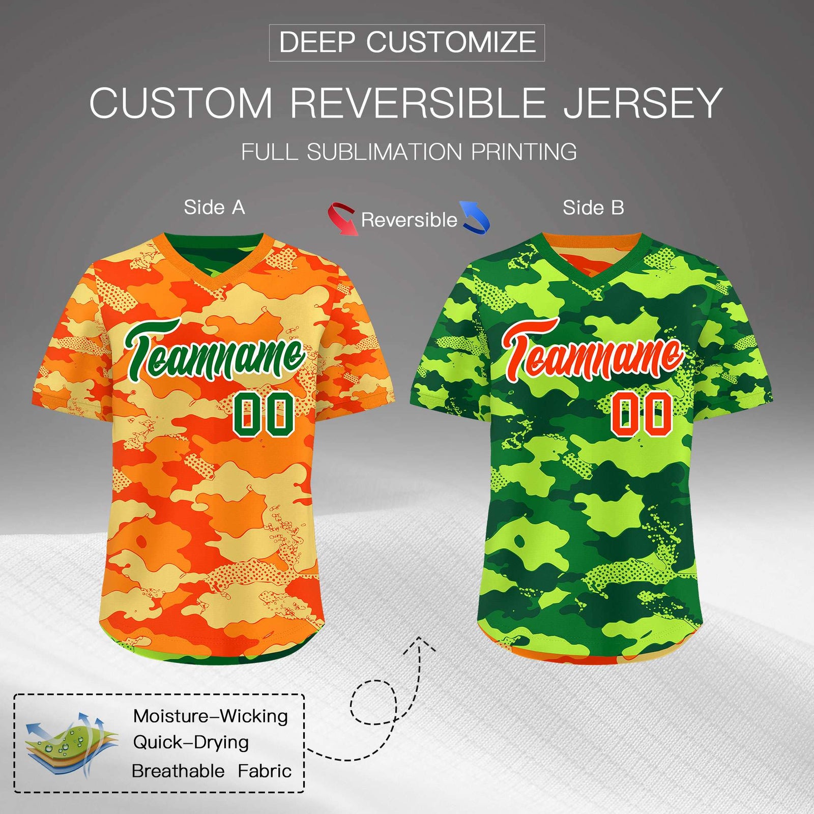 Custom Orange Dark Green Kelly Green Reversible Camo Breathable Baseball Jersey| KXKSHOP