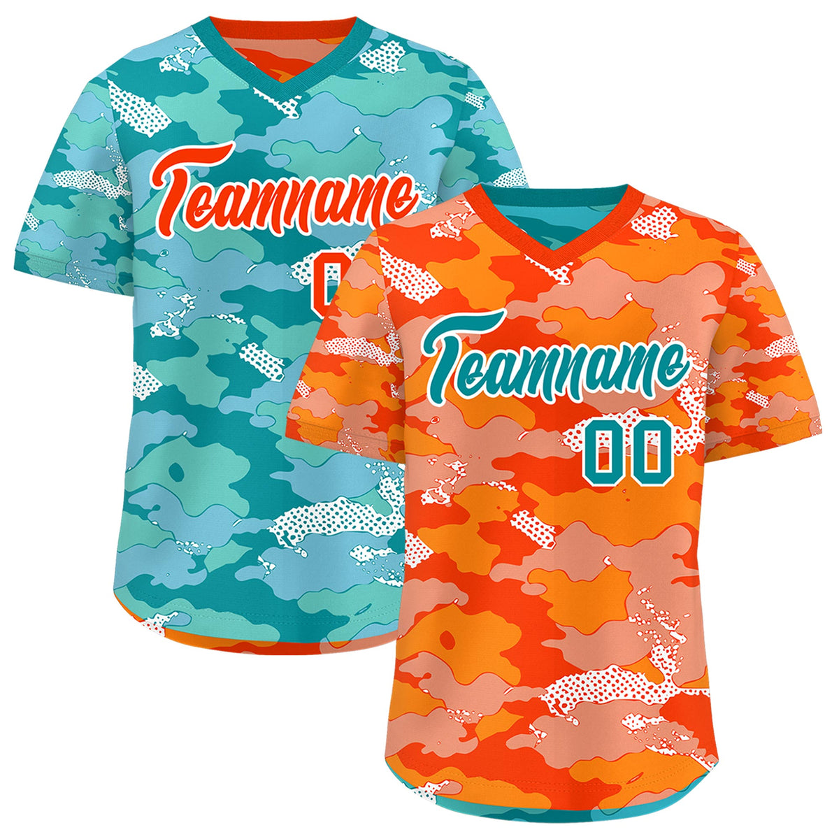 Custom Orange Light Orange Teal Reversible Camo Stretch Fabric Baseball Jersey| KXKSHOP