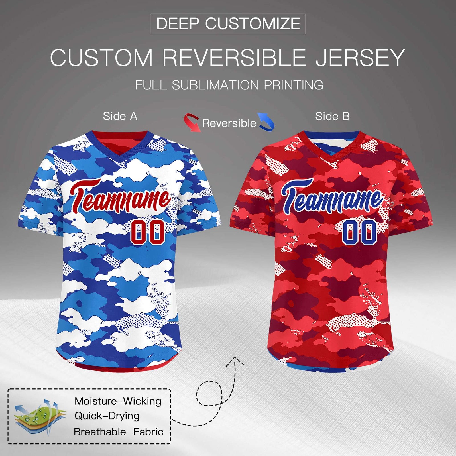 Custom Royal Royal Blue Red Reversible Camo Breathable Baseball Jersey| KXKSHOP