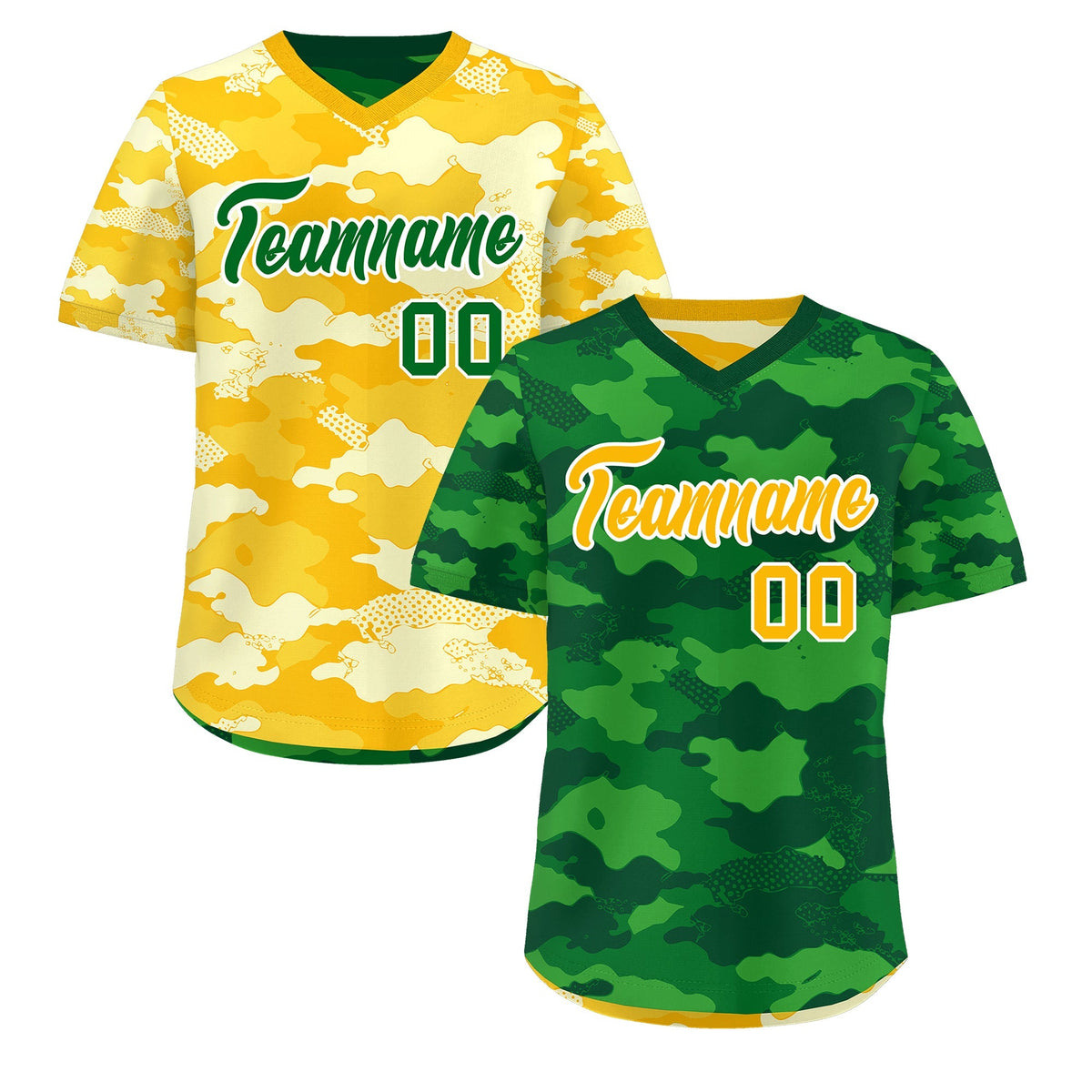 Custom Kelly Green Light Green Yellow Reversible Camo Stretch Fabric Baseball Jersey| KXKSHOP