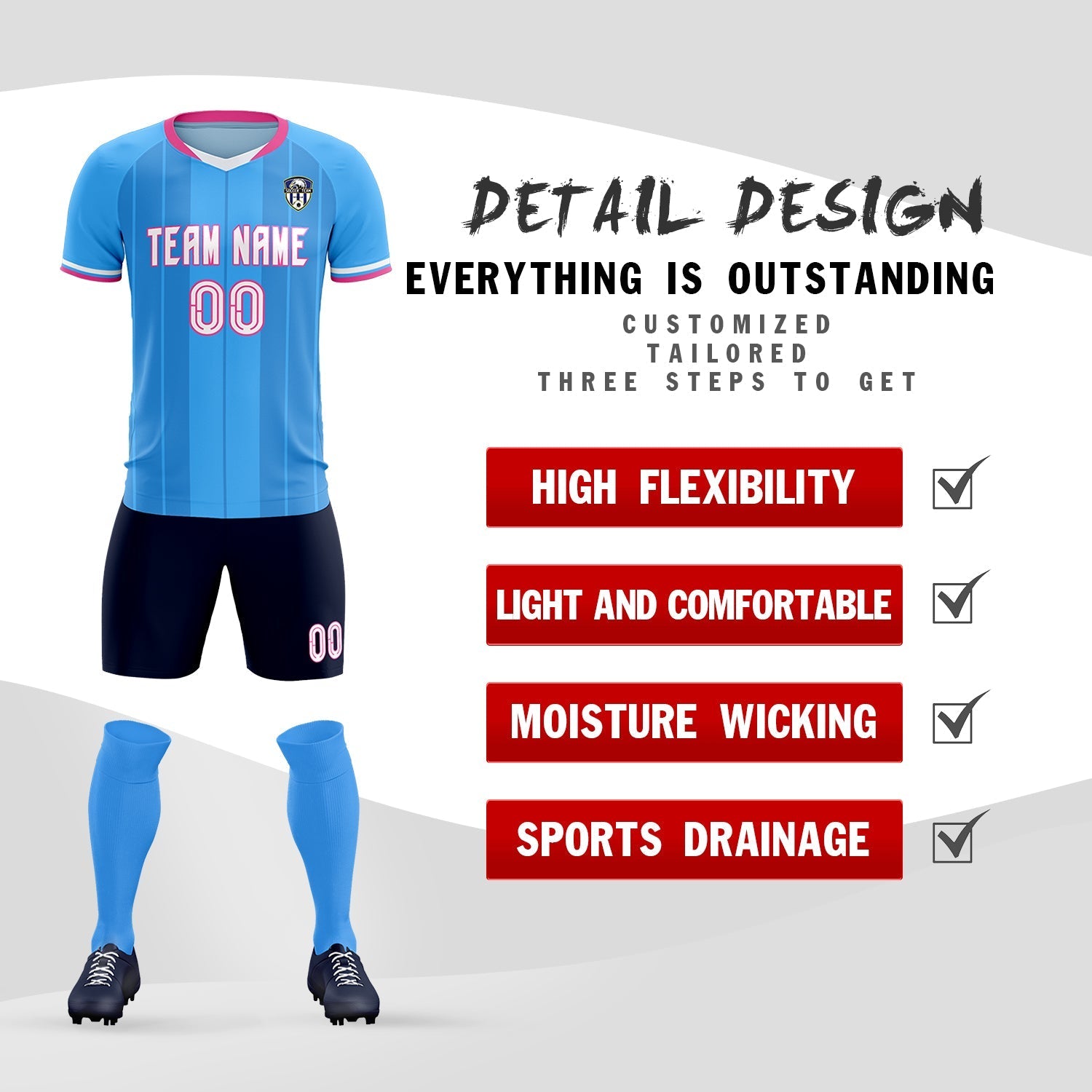 Custom Powder Blue Classic Striped Personalized Soccer Tops/Sets Jersey