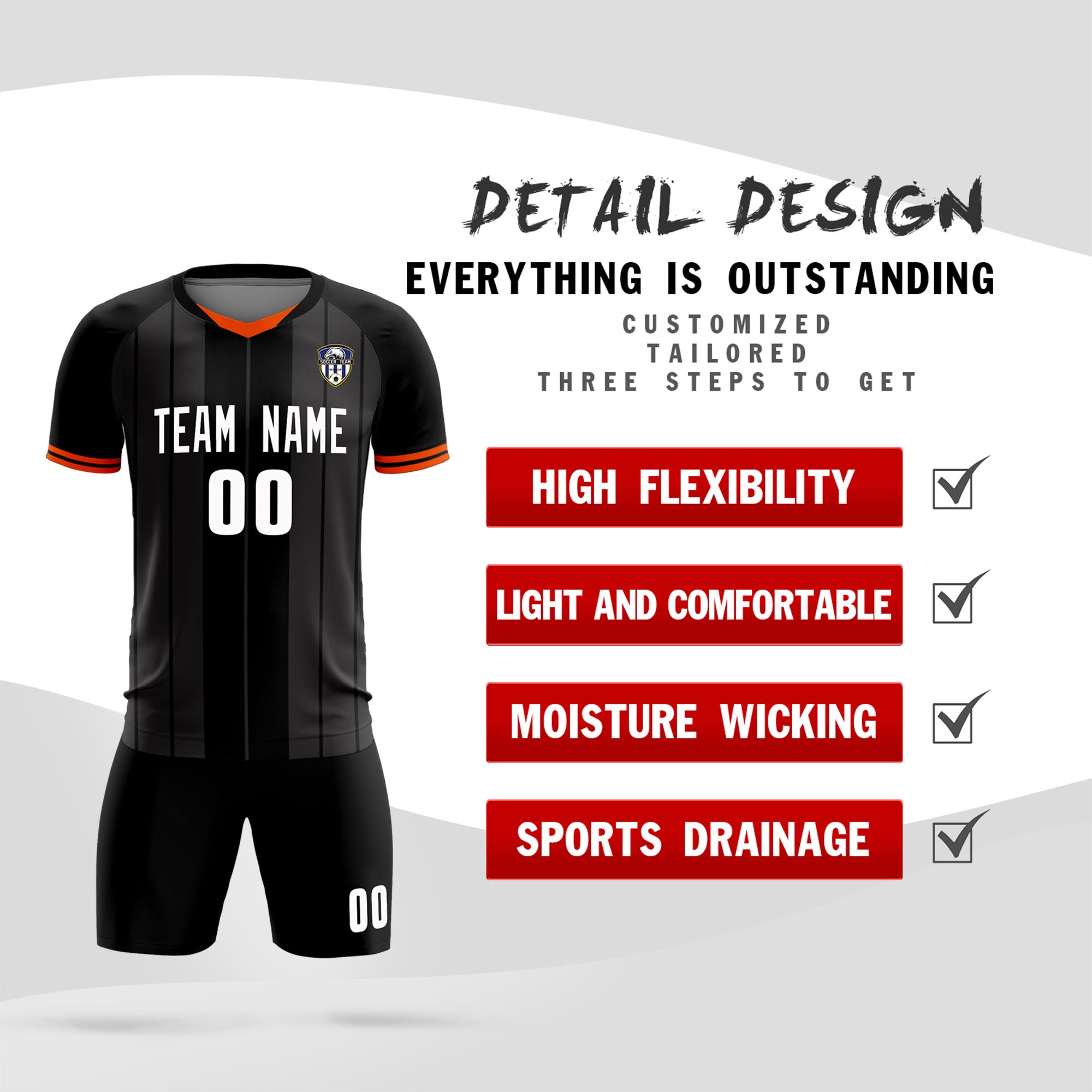 Custom Black Classic Striped Personalized Soccer Tops/Sets Jersey