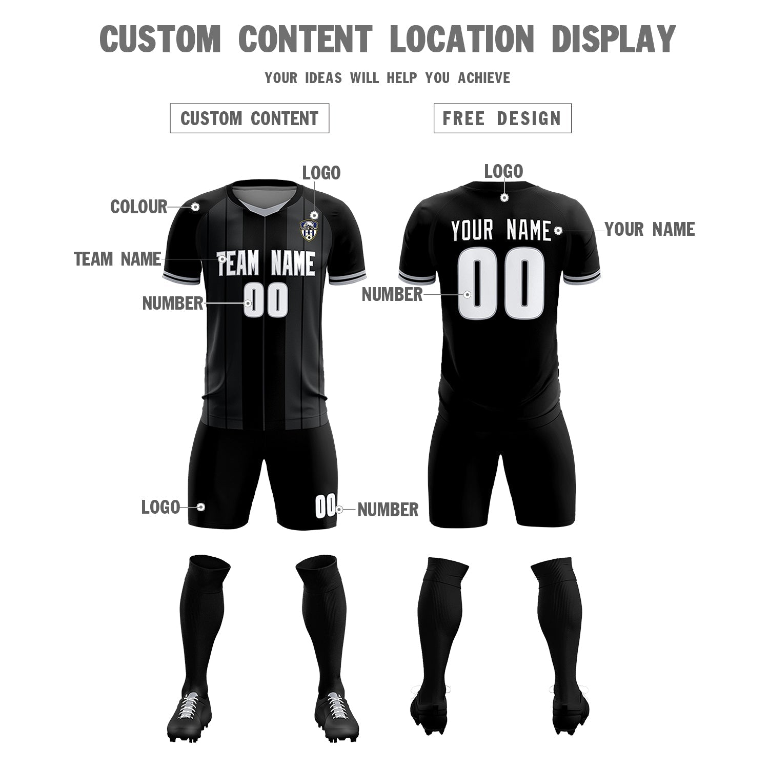 Custom Black Classic Striped Personalized Soccer Tops/Sets Jersey