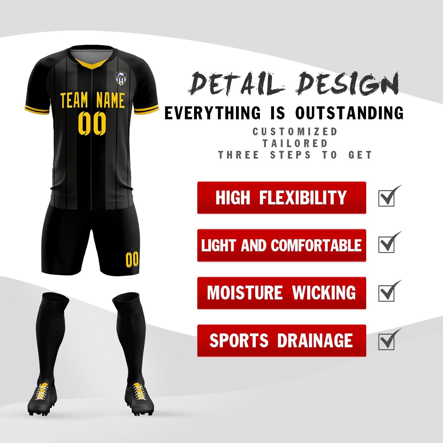 Custom Black Classic Striped Personalized Soccer Tops/Sets Jersey