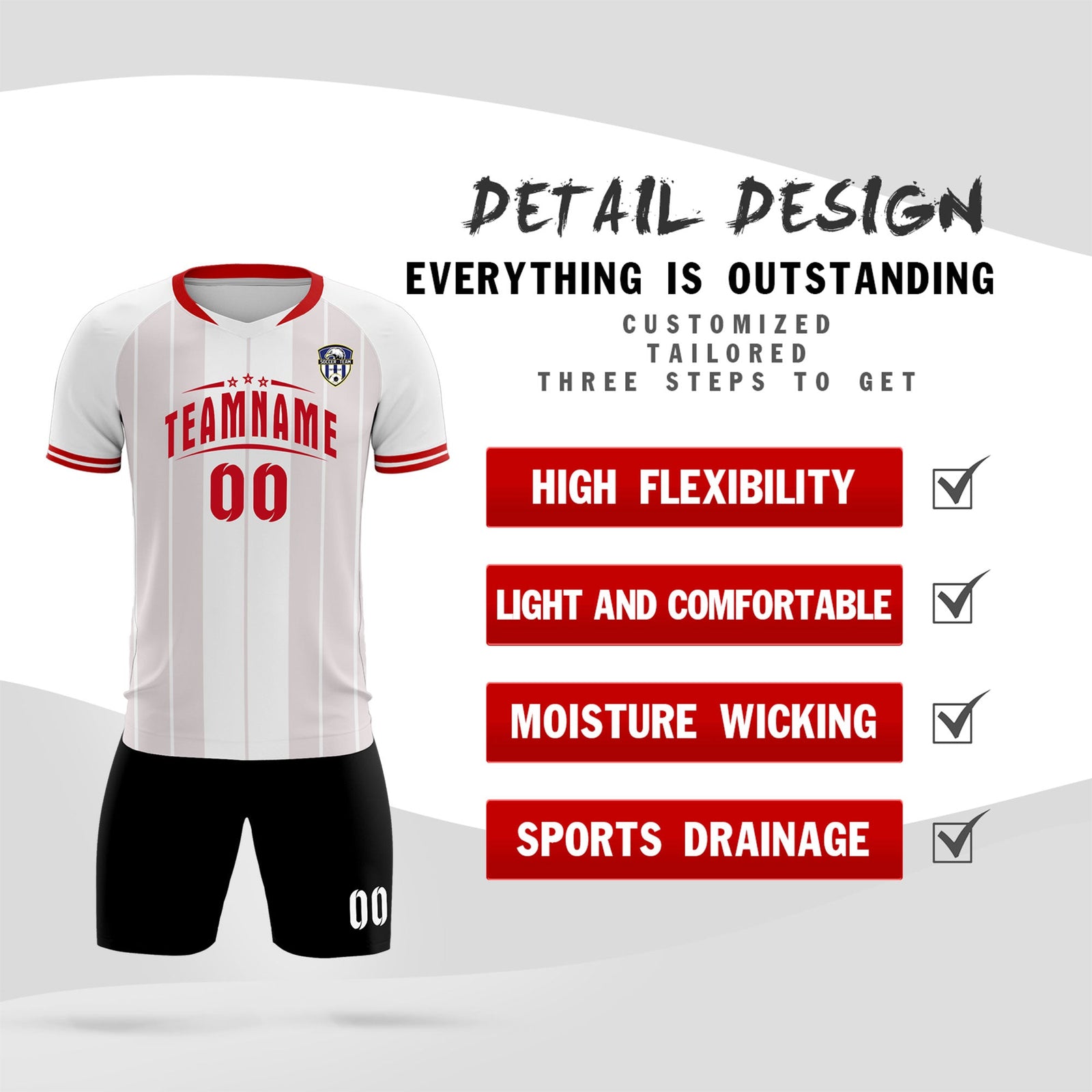 Custom White Classic Striped Personalized Soccer Tops/Sets Jersey