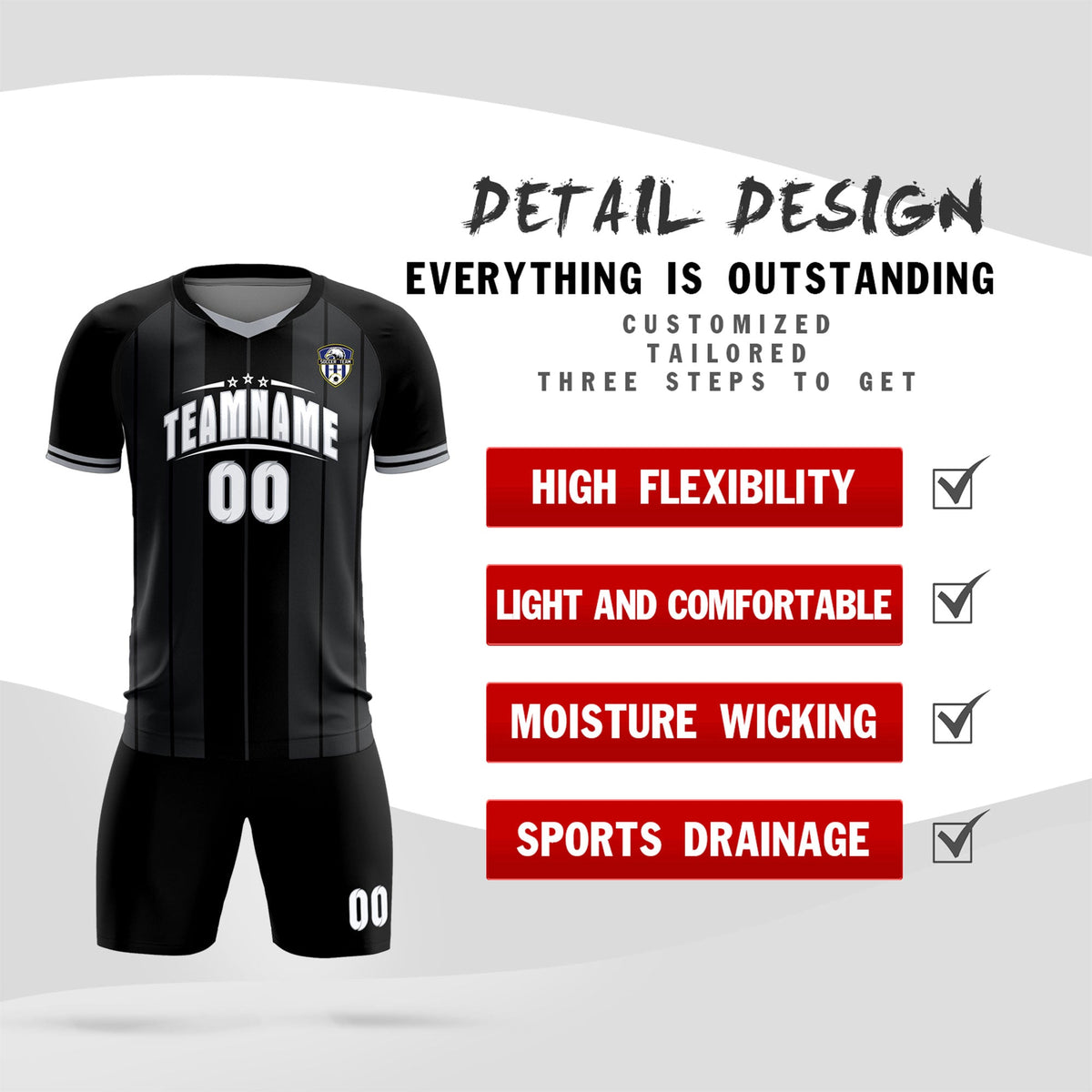Custom Black Classic Striped Personalized Soccer Tops/Sets Jersey