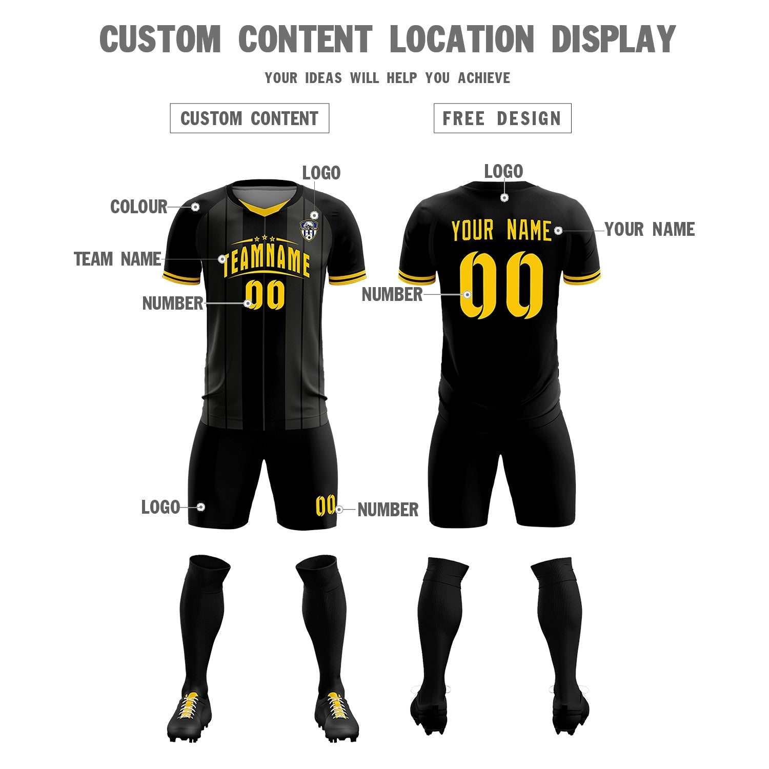 Custom Black Classic Striped Personalized Soccer Tops/Sets Jersey